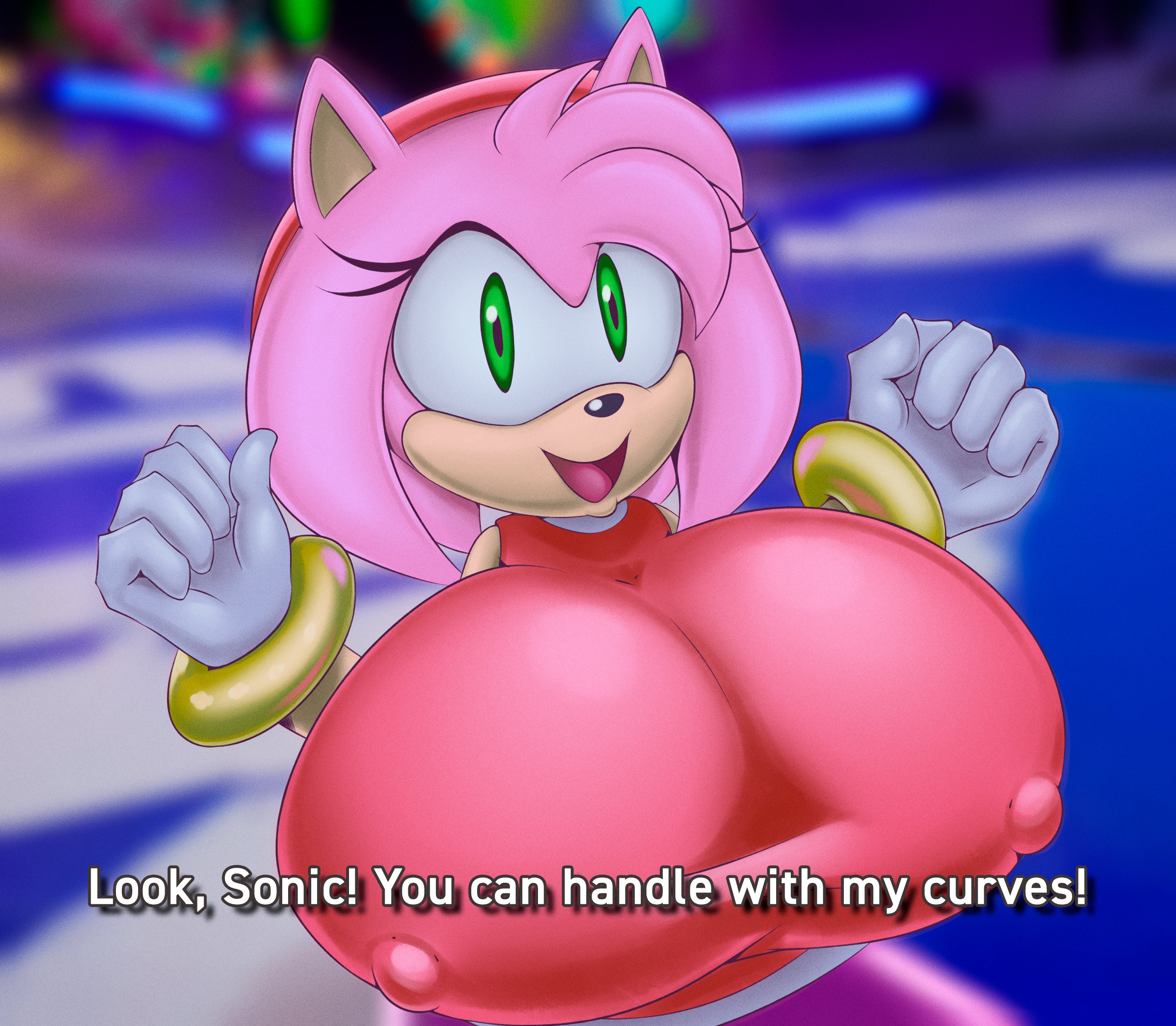 1girls, amy rose, big breasts, blurry background, breasts, dialogue, english, english dialogue, english text, female, female focus, female only, gloves, green eyes, huge breasts, looking at viewer, nipple bulge, open mouth, open smile, pink hair, smile, smiling at viewer, smotrilla, sonic (series), sonic racing crossworlds, sonic the hedgehog (series), tagme, text