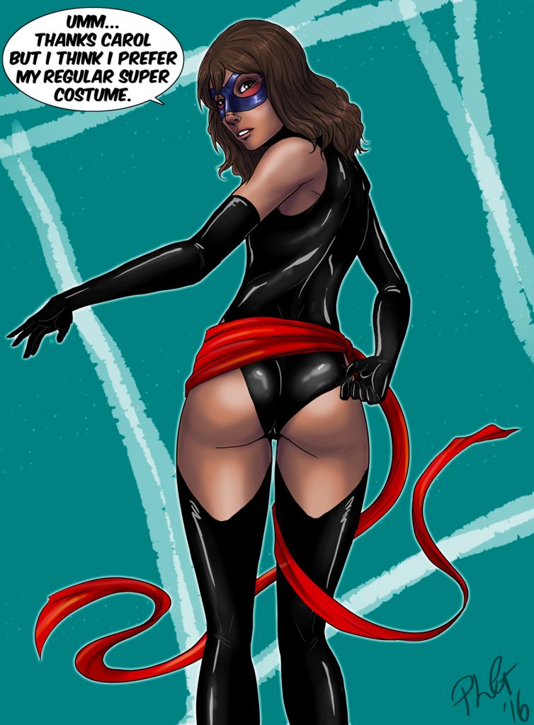1girls, 2d, artist name, artist request, ass, back view, blush, brown hair, cameltoe, clothed, clothed female, color, cosplay, dark skin, dark-skinned female, domino mask, english text, female, gloves, heroine, kamala khan, long gloves, looking back, marvel, marvel comics, ms. marvel (carol danvers) (cosplay), muslim, muslim female, nervous, non-nude, pakistani female, pakistani-american, rear view, red eyes, sash, solo, speech bubble, superheroine, thighhighs, younger female