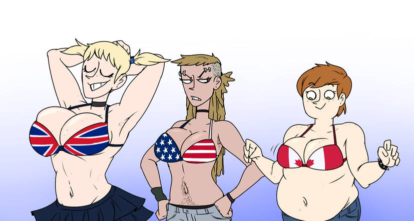 3girls, american, american flag bikini, angry, anita (hellonearthiii), big breasts, blonde hair, bra, breasts, british, brown hair, canadian, canadian flag, canadian flag bikini, carrie (hellonearthiii), chubby, clothed, clothing, dj (hellonearthiii), fat, female, female only, fit, fit female, happy, hellonearthiii, jeans, light-skinned female, lineup, obese, orange hair, skirt, smug, tagme, twintails, union jack, union jack bikini