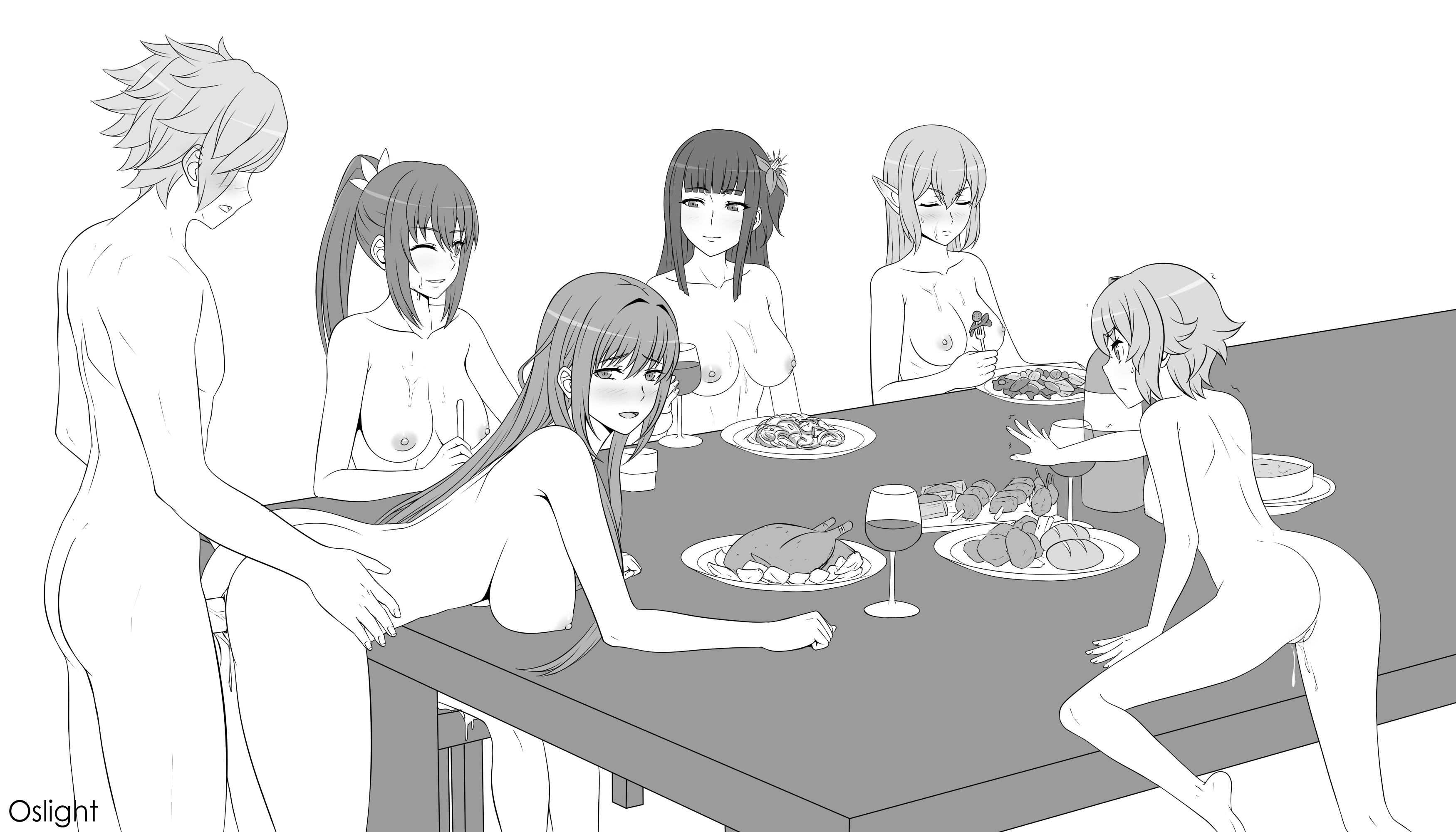 1boy, 4girls, 5girls, after sex, alcohol, alise lovell, ass, astraea (danmachi), bell cranel, bent over, blush, breasts, closed eyes, completely nude, cum, cum in pussy, cum on body, cum on breasts, cumdrip, cup, doggy style, drinking glass, dungeon ni deai wo motomeru no wa machigatteiru darou ka, elf, facial, female, food, fork, gojouno kaguya, group sex, hair flower, hair intakes, hair ornament, harem, large breasts, long hair, lyra (danmachi), male, medium breasts, multiple females, multiple girls, nipples, nude, on table, one eye closed, open mouth, oslight, penis, pointy ears, ponytail, pussy, pussy juice, ryuu lion, sex, sex from behind, short hair, smile, standing, standing sex, straight, table, tongue out, torso grab, vagina, vaginal penetration, wine, wine glass