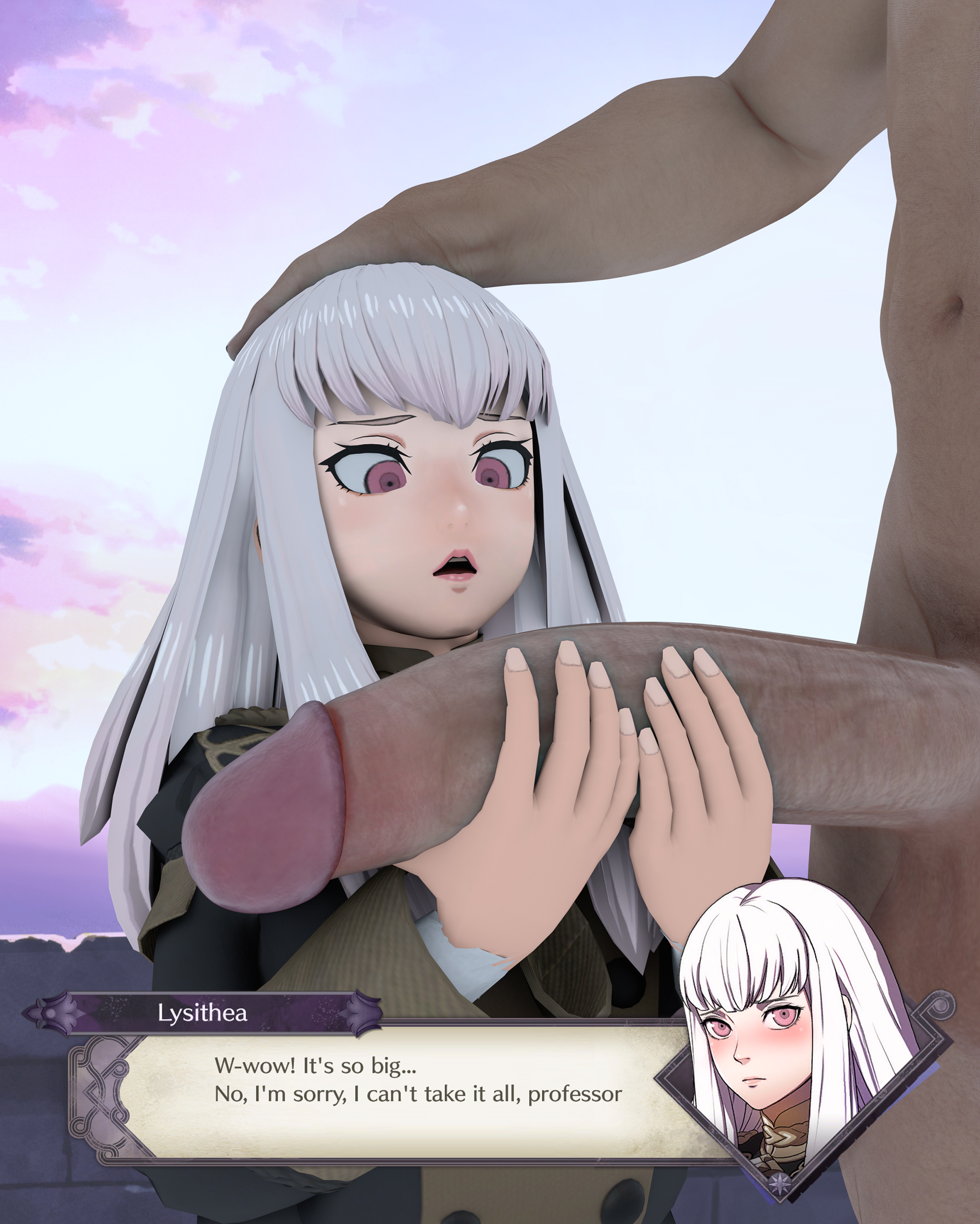 1boy, 1girls, 3d, big penis, blush, byleth (fire emblem), byleth (fire emblem) (male), cloud, clouds, dress, english text, female, fire emblem, fire emblem heroes, fire emblem: three houses, flat chest, fringe, fringe hair, kamito (3747), large penis, long hair, lysithea von ordelia, male, nintendo, nude, nude male, penis, penis awe, penis grab, red eyes, text, uniform, white hair, worried, worried expression