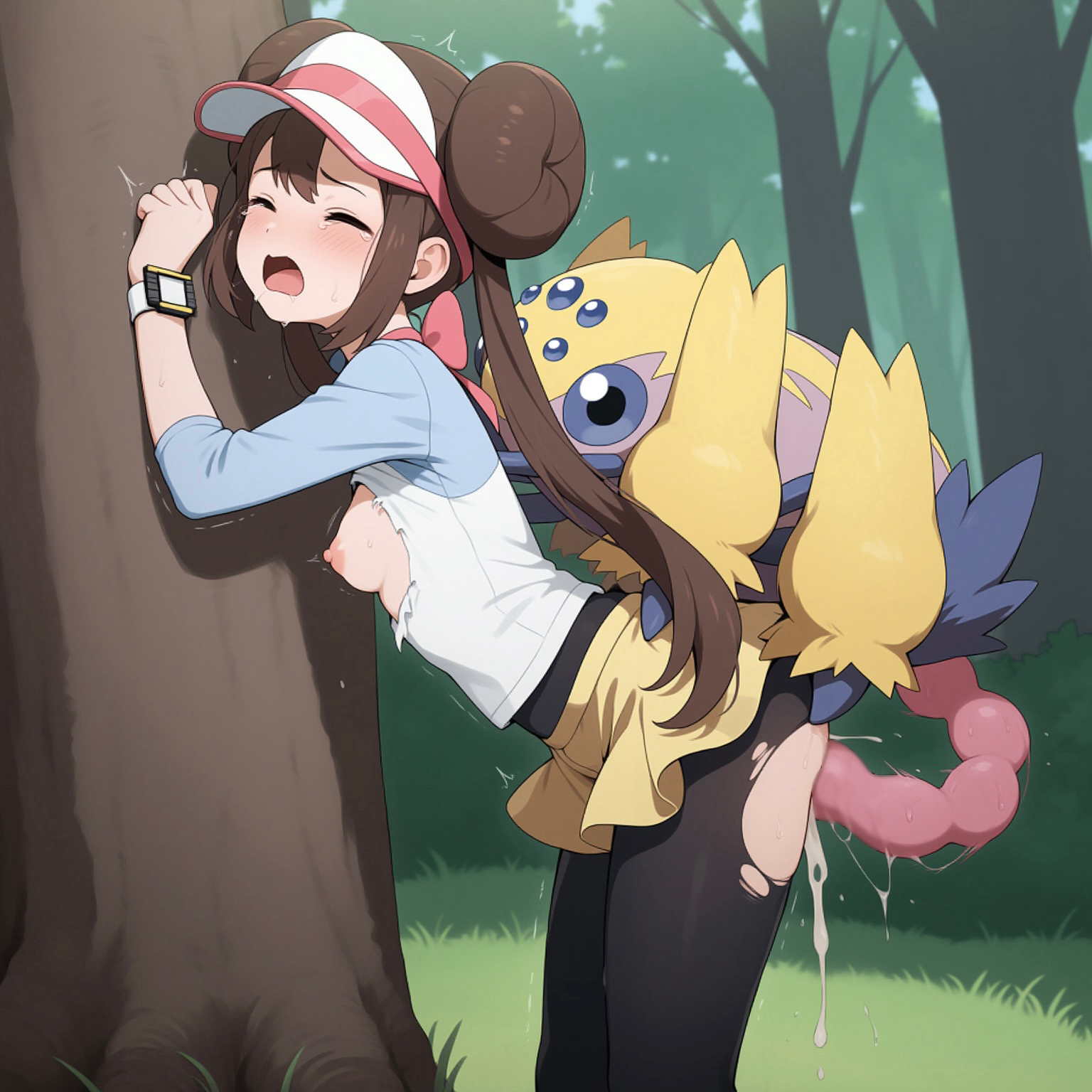 2girls, against tree, ai generated, arachnophilia, breasts, breasts out, brown hair, closed eyes, clothed sex, cum, cum inside, female, functionally nude, galvantula, headgear, human, interspecies, leggings, male, male pokemon/female human, male/female, monster, monster on female, open mouth, outdoors, ovipositor, ovipositor penis, parkinson (ai artist), penis, pokemon, pokemon (species), pokemon bw2, pokephilia, rape, rosa (pokemon), sex, sex from behind, skirt, spider, standing sex, tears, torn clothes, torn leggings, torn legwear, torn shirt