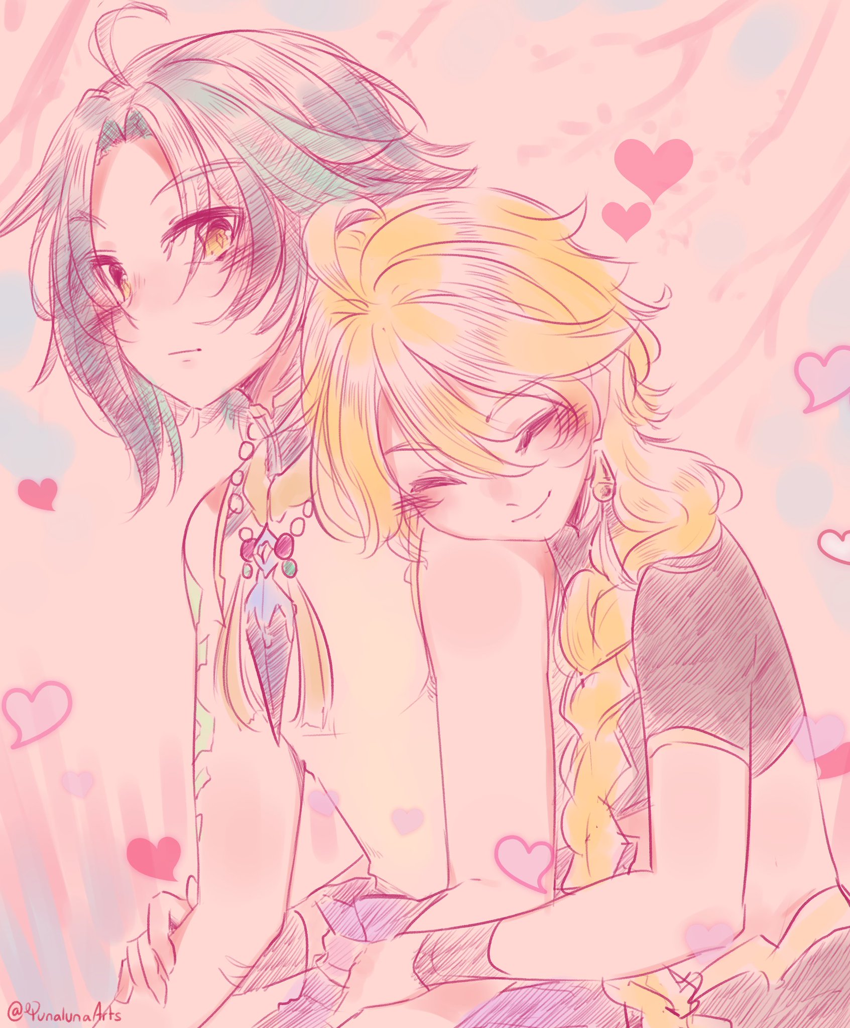 2boys, aether (genshin impact), amber eyes, artist request, black hair, blonde hair, closed eyes, cuddling, gay, genshin impact, green highlights, male, male only, nuzzling, xiao (genshin impact), yellow eyes