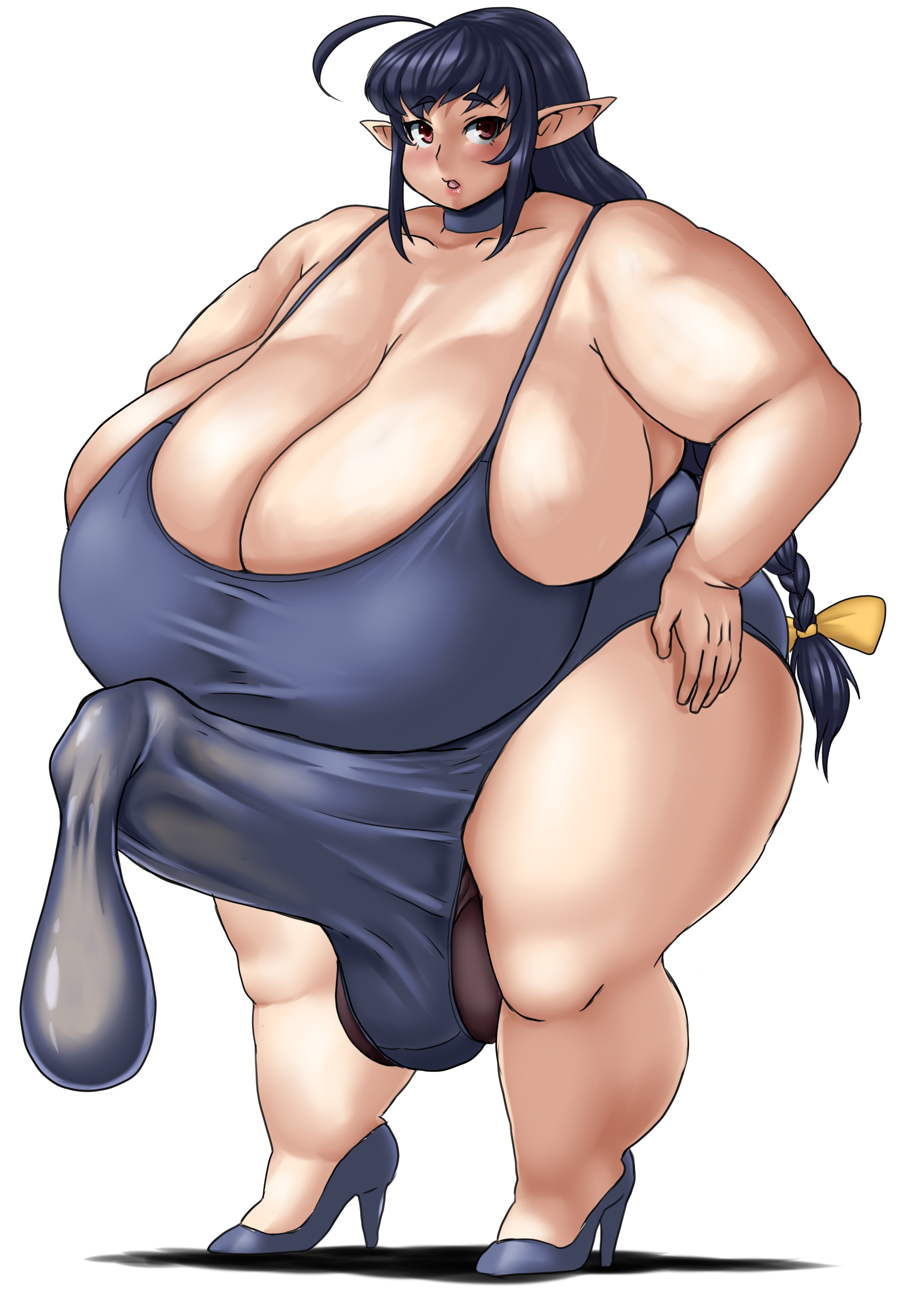 ahoge, bbw, big breasts, blue hair, boobs bigger than head, braid, braid elf (gunrei13bucho), breasts, bulge, bulge through clothing, condom, condom filling, cum filled condom, cum in clothes, ejaculation under clothes, elf, equine penis, erection, erection under clothes, futanari, gunrei13bucho, hi res, high heels, horsecock, huge breasts, intersex, large breasts, looking at viewer, one-piece swimsuit, original, overweight, overweight futa, penis, solo, solo futa, swimsuit, white background