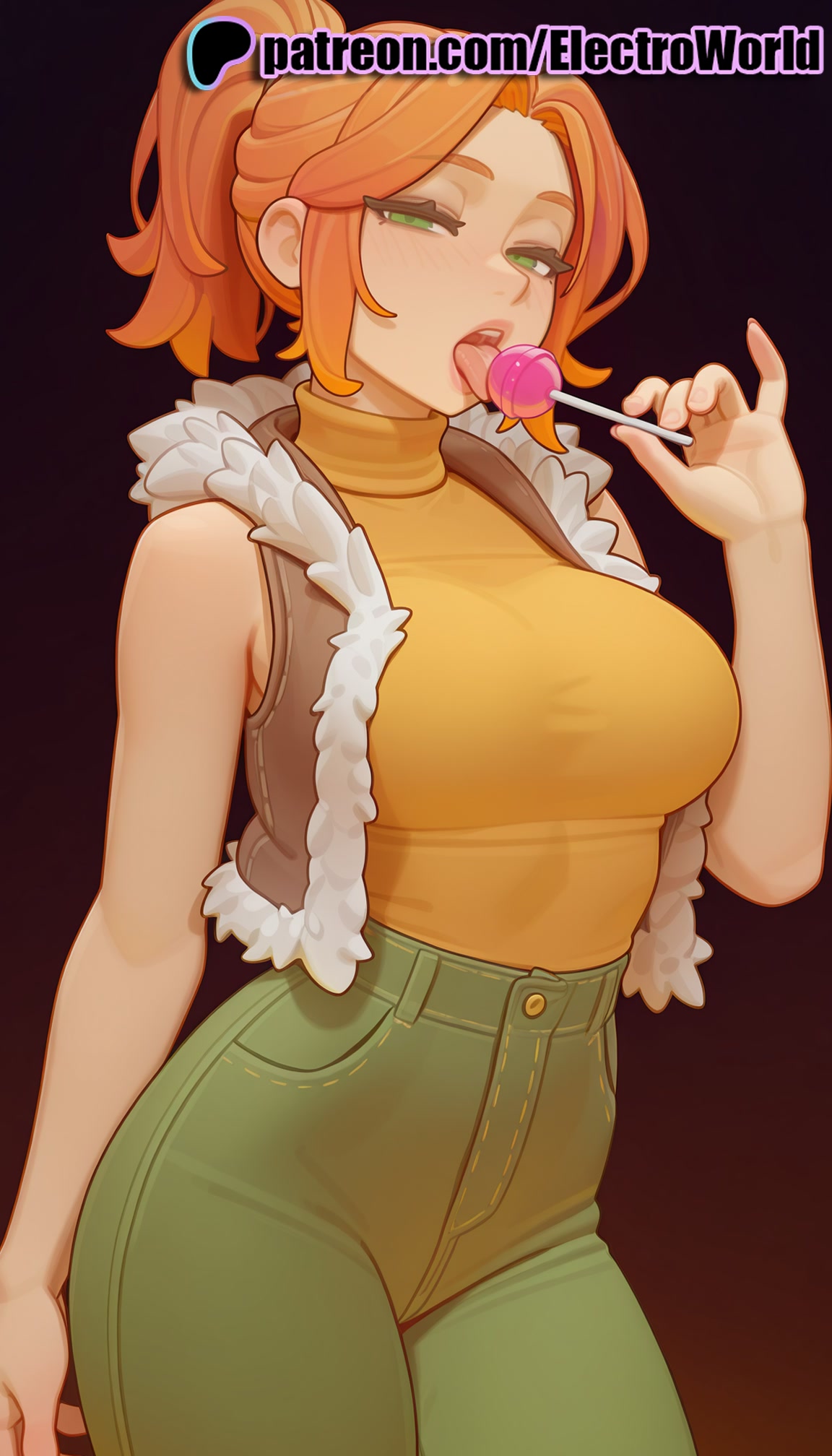 1girls, 2025, ai generated, artist name, breasts, bust, candy, chest, electroworld, female, food, fur collar, fur trim, fur-trimmed jacket, green eyes, hi res, high quality, high resolution, highres, licking, lollipop, orange hair, patreon, patreon username, robin (stardew valley), solo, stable diffusion, stardew valley, tongue, tongue out, watermark