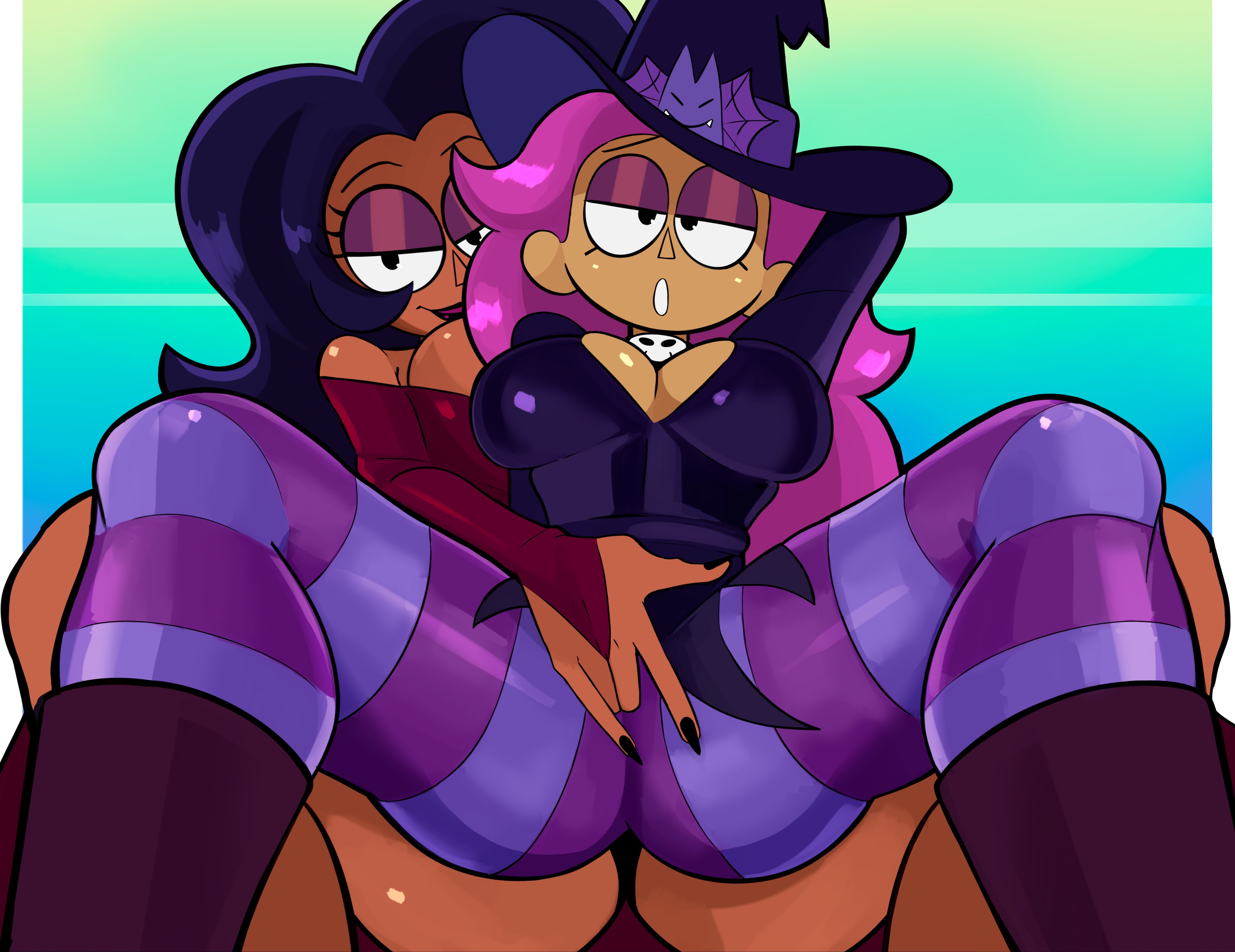 2girls, big breasts, breasts, cleavage, dark skin, enid, enid (ok k.o.! lbh), female, female only, hat, large breasts, legs apart, long hair, looking at viewer, mother, mother and daughter, multiple females, multiple girls, ok k.o.! let's be heroes, pantyhose, pepperoni ravioli, purple hair, striped, striped legwear, tagme, vampire, wilhamena, witch, witch hat