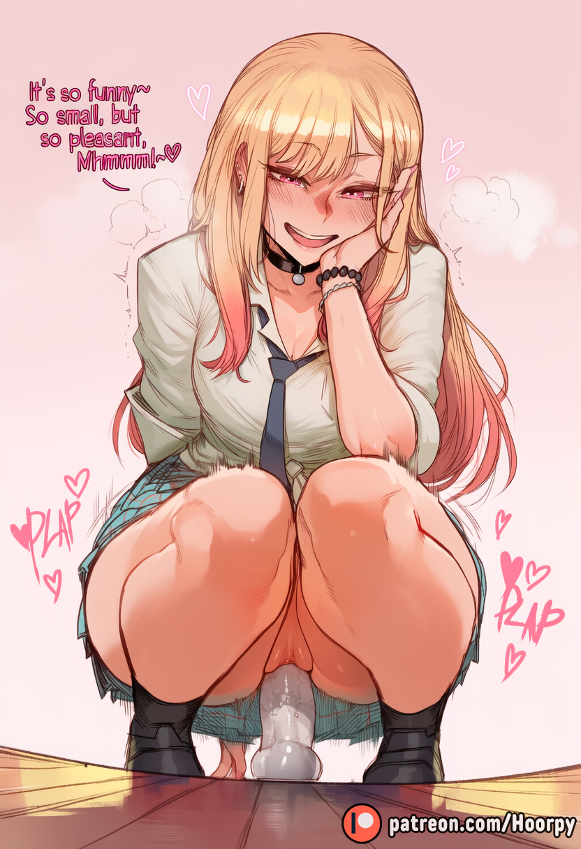 1girls, ai assisted, ai generated, athletic, athletic female, big ass, blonde hair, blush, blush lines, bracelet, breasts, breath, challenge, choker, curvy, curvy figure, cute, cute face, dildo, dildo riding, ear piercing, earrings, english, english text, excited, female, female focus, female only, from below, funny, heart, hoorpy, horny, jewelry, kitagawa marin, light skin, light-skinned female, long hair, looking down, marin kitagawa, masturbation, medium breasts, moan, moaning, moaning in pleasure, motion lines, my dress up darling, nail polish, no panties, on floor, patreon, patreon logo, patreon url, patreon username, petite, petite body, piercing, pussy, pussy juice, pussy lips, red eyes, red nails, riding, riding dildo, riding toy, school uniform, schoolgirl, sex toy, sexy, sexy body, sitting, skirt, skirt lift, skirt up, small dildo, smiling, solo, solo female, solo focus, sono bisque doll wa koi wo suru, squatting, talking, talking to viewer, teenage female, thick ass, thick legs, thick thighs, toy, vagina, vaginal insertion, vaginal penetration, vaginal sex, veiny dildo, wet, wet pussy, white dildo, white shirt