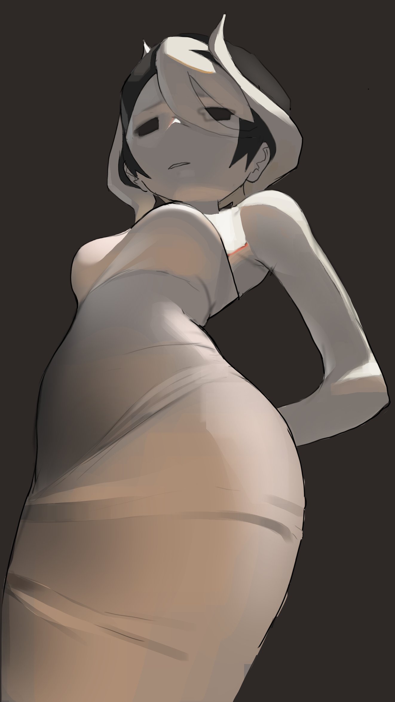 bingledingus, black and white hair, black eyes, dress, female, female only, hair between eyes, looking at viewer, looking down, low-angle view, made in abyss, ozen, pale skin, pale-skinned female, short hair, solo, tight clothing, two-tone hair, wide hips
