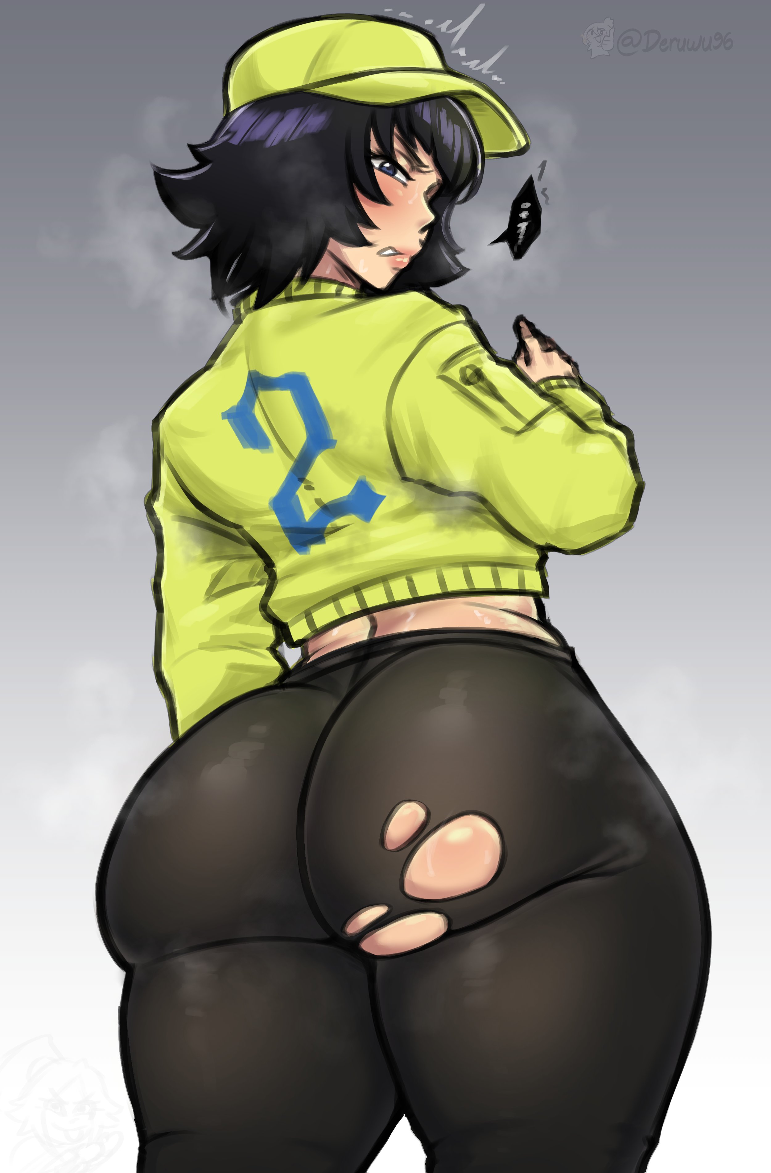 1girls, 2025, artist name, ass, ass focus, big ass, black hair, bleach, bleach: sennen kessen-hen, blush, breasts, curvy, deruwu96, female, female focus, female only, green jacket, hat, highres, huge ass, jacket, leggings, light-skinned female, lips, medium hair, number print, official alternate costume, pants, parted lips, shortstack, simple background, small breasts, soifon, solo, standing, steam, sui-feng, thighs, torn clothes, torn legwear, twitter username, wide hips