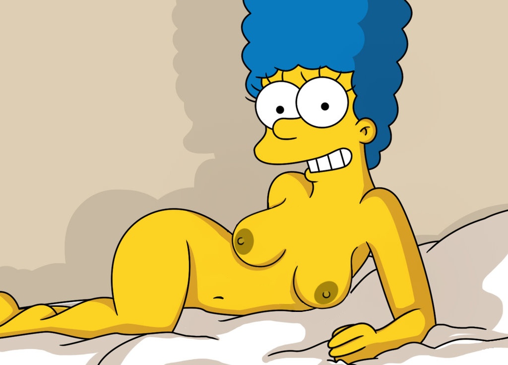 1girls, big breasts, blue hair, breasts, completely nude, female, grin, laying on side, looking at viewer, marge simpson, navel, nipples, nude, shaded, shadow, sheets, solo female, the simpsons, wide hips, wvs, yellow body, yellow skin