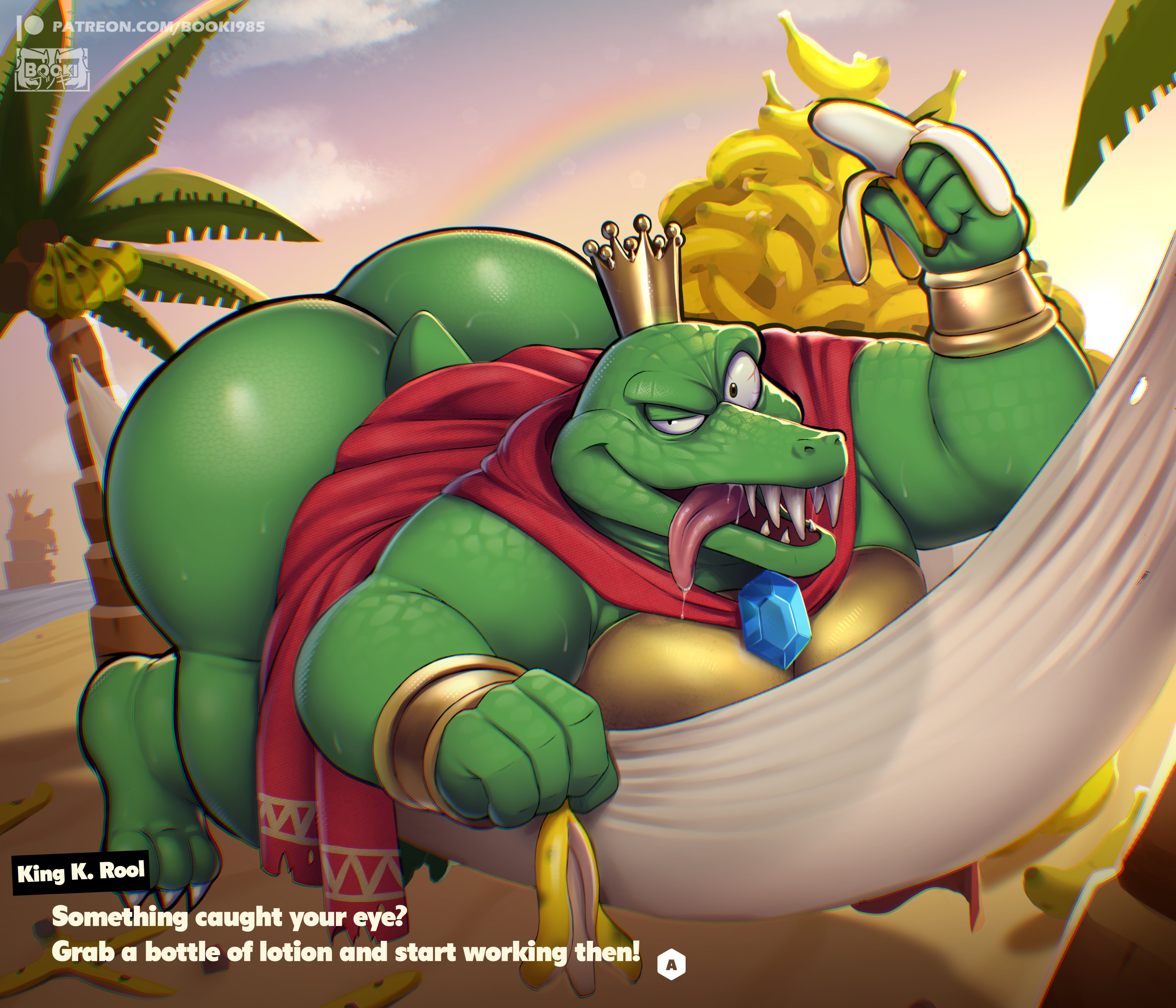 anthro, ass, ass up, banana, cape, crocodile, crocodilian, crown, donkey kong (series), el booki, gold (metal), gold bracelet, k rool, kremling, laying on stomach, lying, male, male only, nintendo, palm tree, reptile, scales, scalie, solo, teeth, tongue, tongue out