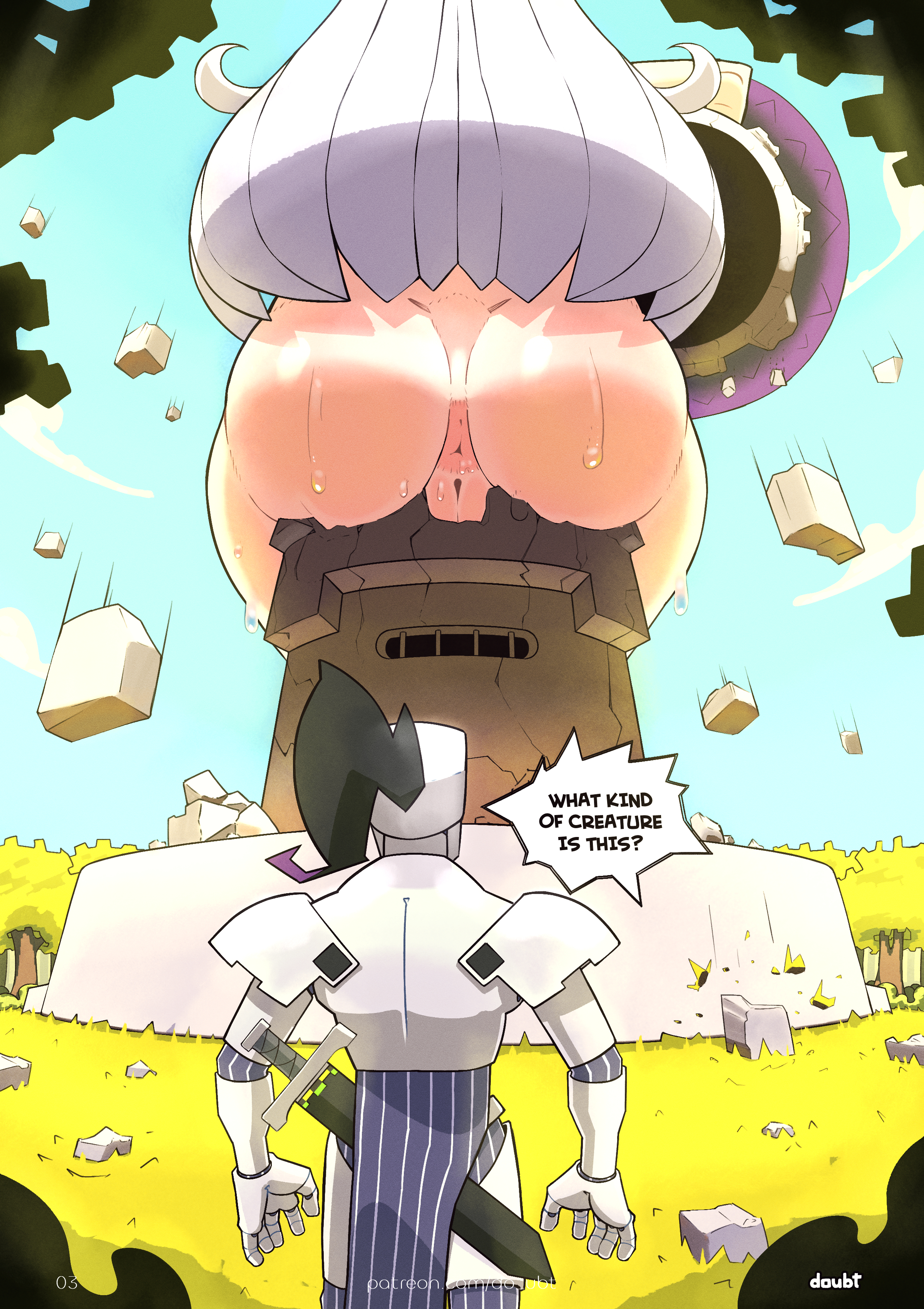 1boy, 1girls, anus, armor, armored male, ass, ass focus, body growth, body growth (enlargement), chapter 2, comic, commission, day, doubt (thedo ubt), english text, female, giantess, gigantic ass, gigantification, growth, hair bun, helmet, helmet with visor, hololive, hololive gen 2, hololive japan, knight, knight armor, knight helmet, long hair, male, murasaki shion, nude, nude female, oc, original, outdoors, page 3, page number, pussy, silver hair, sitting, size transformation, sky, sorceress, speech bubble, sweat, sword, tower, transformation, tree, virtual youtuber, witch