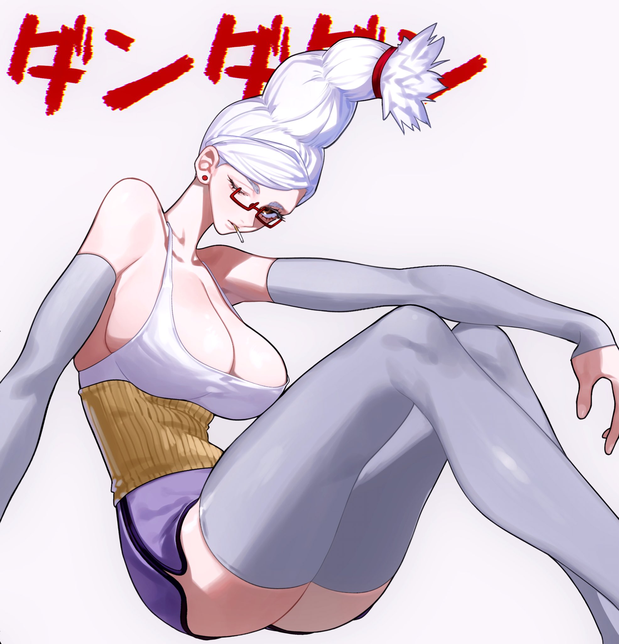 1girls, ass, ayase seiko, breasts, cigarette, dandadan, dolphin shorts, earrings, female, female only, glasses, grey sleeves, grey thighhighs, highres, huge breasts, jewelry, mature female, one eye closed, purple shorts, red-framed eyewear, semi-rimless eyewear, short shorts, shorts, siokosho kinoko, solo, stud earrings, tall hair, tank top, thighhighs, white hair, white tank top, white-haired female