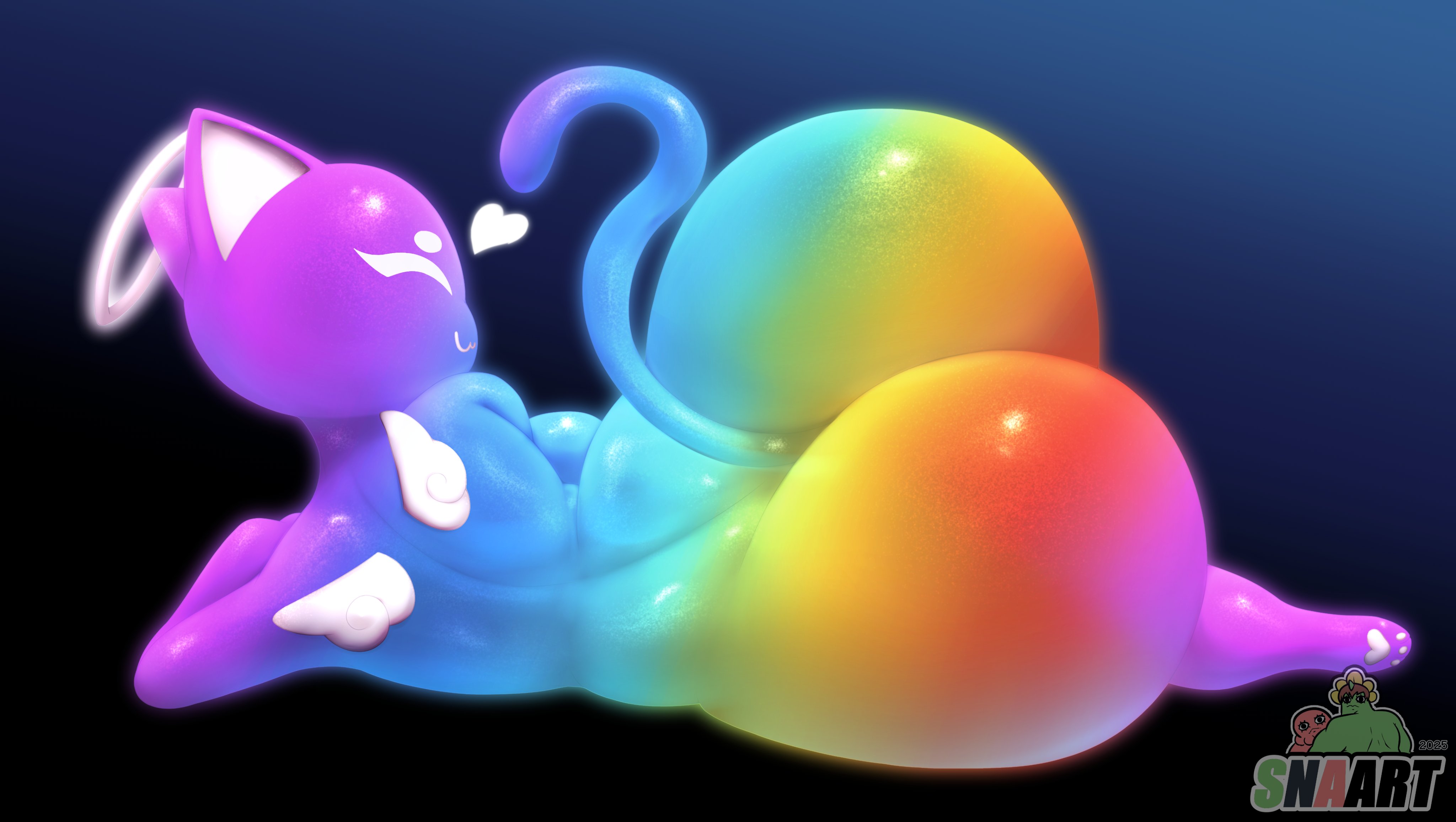 2d, 2d (artwork), 2d artwork, anthro, ass, feline, female, halo, lips, lying, lying down, lying on side, multicolored body, multicolored skin, nude, original, original character, rainbow (sadflowerhappy), rainbow body, rainbow skin, rear view, small wings, snaart, tail, thick, thick ass, thick butt, thick hips, thick legs, thick thighs, wide ass, wide hipped female, wide hips, wide thighs, wings