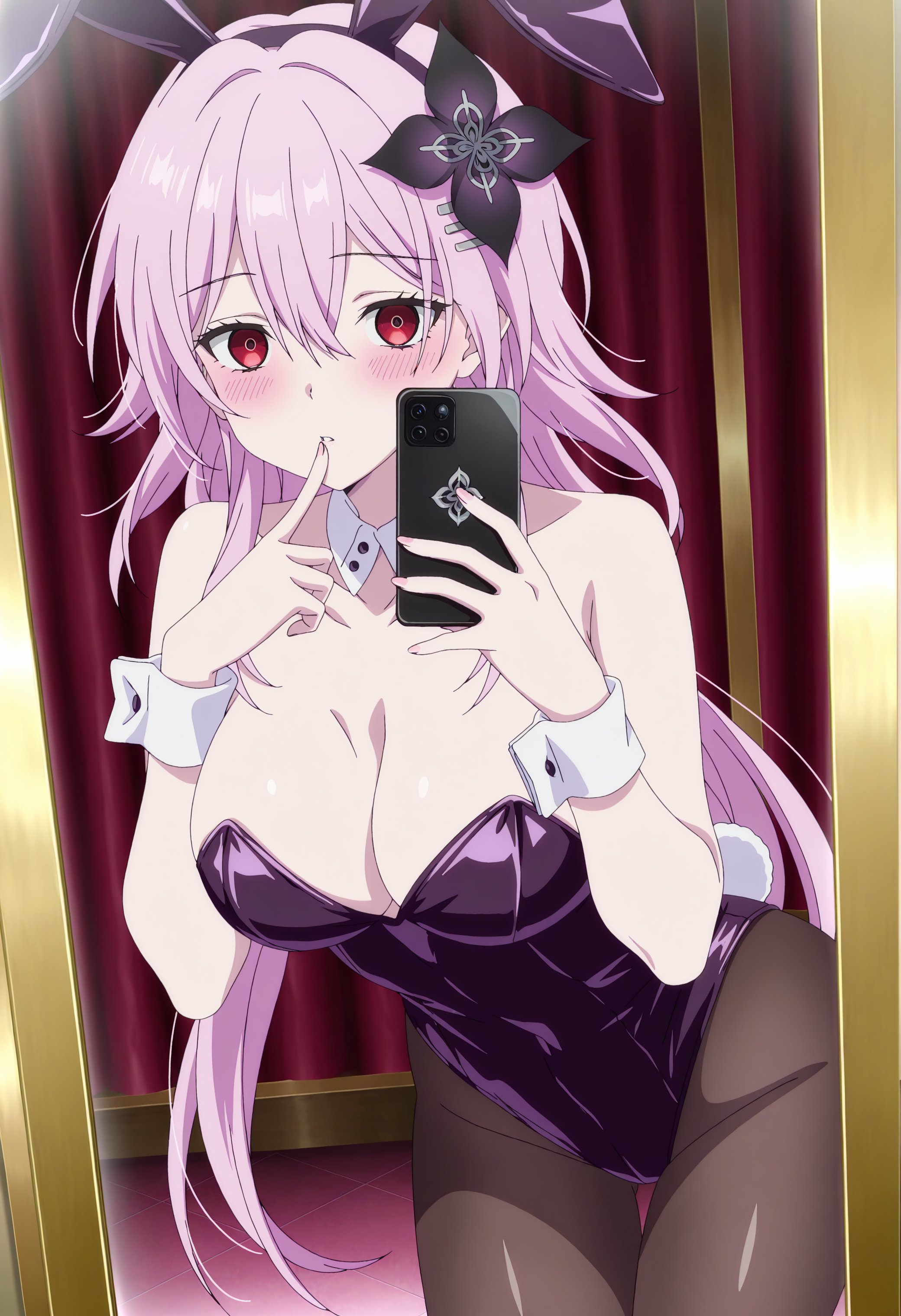 1girls, black bunnysuit, breasts, breasts out, bunny ears, bunnysuit, evernight (honkai: star rail), female, honkai: star rail, hoyoverse, long hair, march 7th (honkai: star rail), mihoyo, pantyhose, pink hair, red eyes, waifuslone