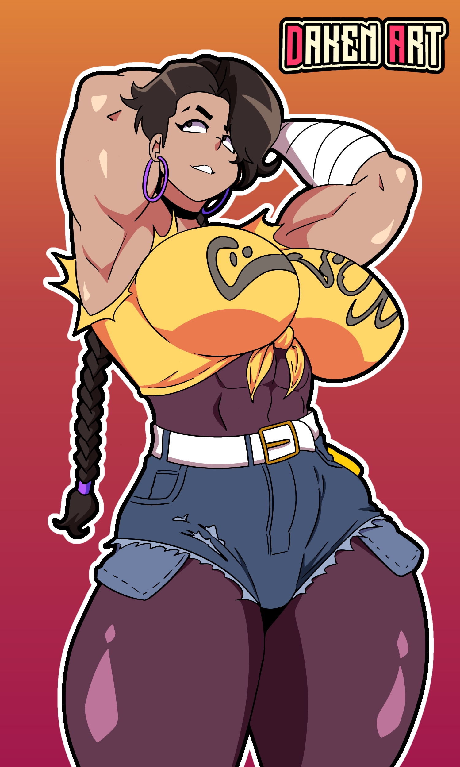 2025, 2d, bandages, big breasts, big muscles, big thighs, braid, braided hair, braided pigtails, braided ponytail, breasts, brown hair, brown socks, cinder (fortnite), daken art (artist), daken henderson (artist), epic games, fanart, female, fortnite, fortnite: battle royale, legs, muscles, muscular, muscular arms, muscular female, muscular legs, muscular thighs, pantyhose, shiny hair, shiny skin, short pants, simple background, thick thighs, tights