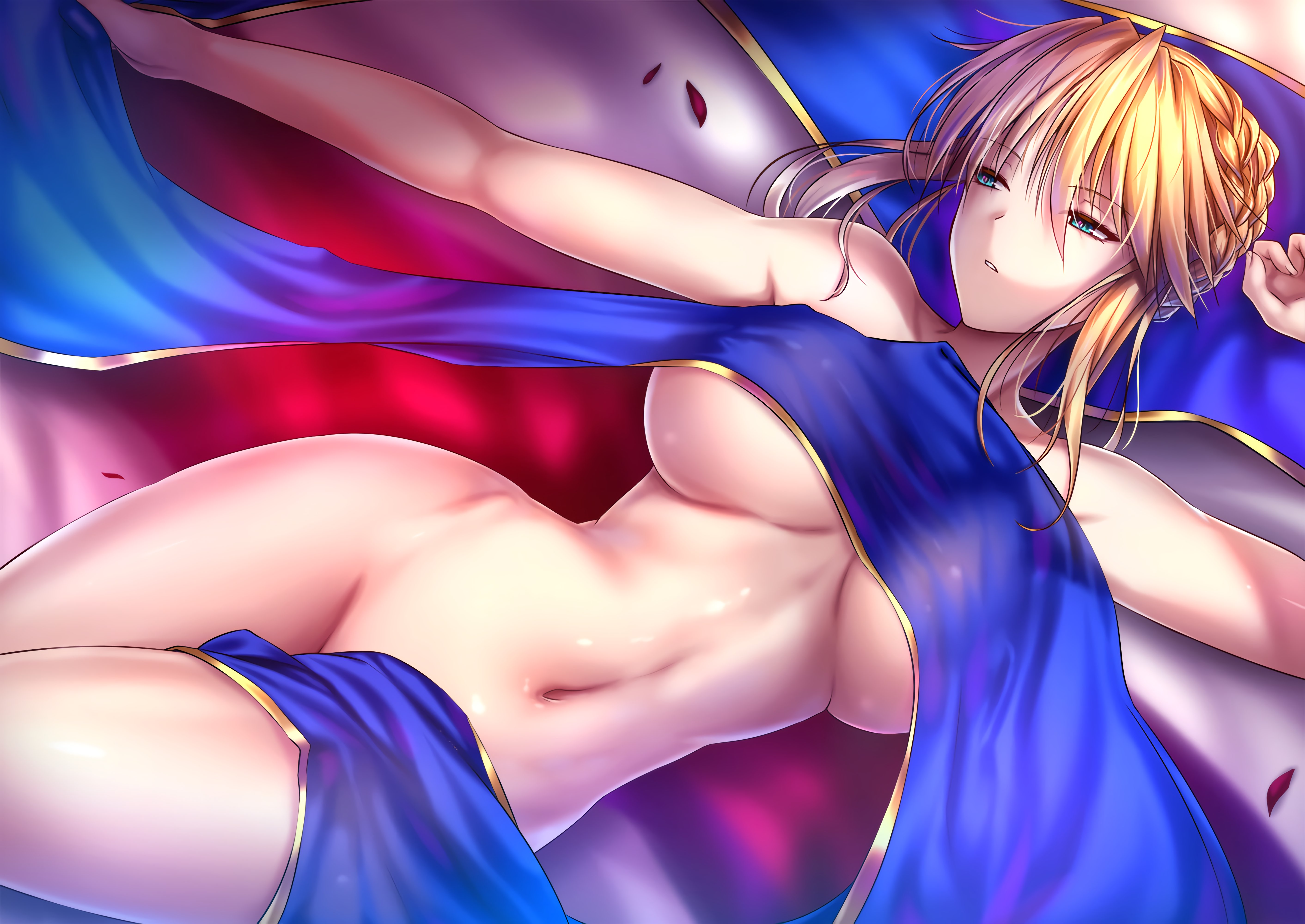 akeyama kitsune, aqua eyes, artoria pendragon, artoria pendragon (lancer), bare shoulders, blonde hair, blue sheet, braid, breasts, eyebrows visible through hair, fate (series), fate/grand order, female, french braid, hair between eyes, nude, solo