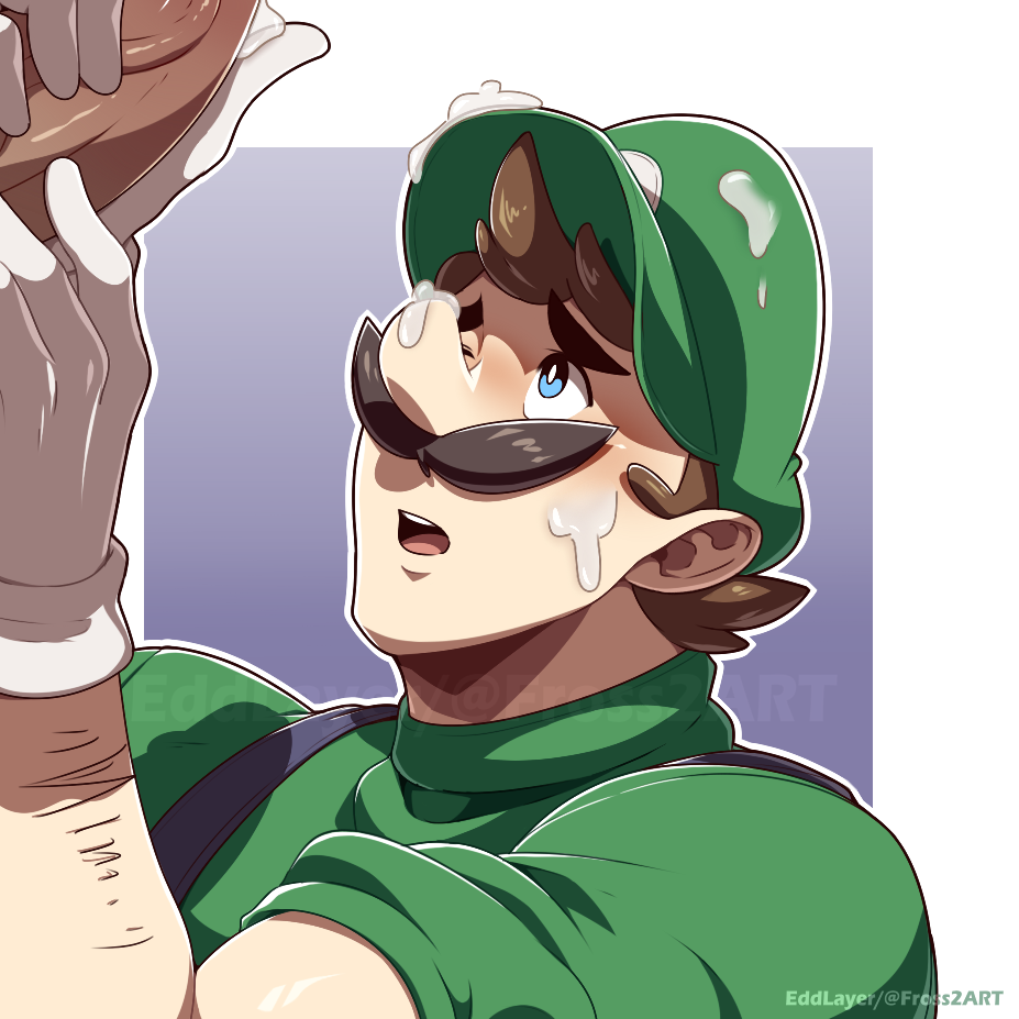 bara blue_eyes bukkake cum edd_layerex gay handjob luigi male male_only mario_(series) mustache penis