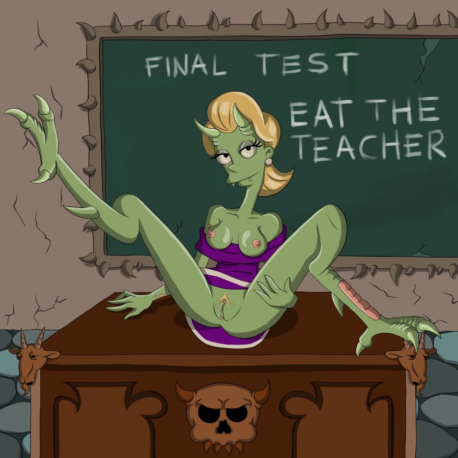 1:1 1girls blonde_hair clothing demon demon_girl demon_teacher_(the_simpsons) dress english_text female genitals green_body green_horn green_skin hair horn older_female oral_invitation presenting presenting_pussy purple_clothing purple_dress pussy scales solo spread_legs spreading text the_simpsons treehouse_of_horror vishok yellow_pubic_hair