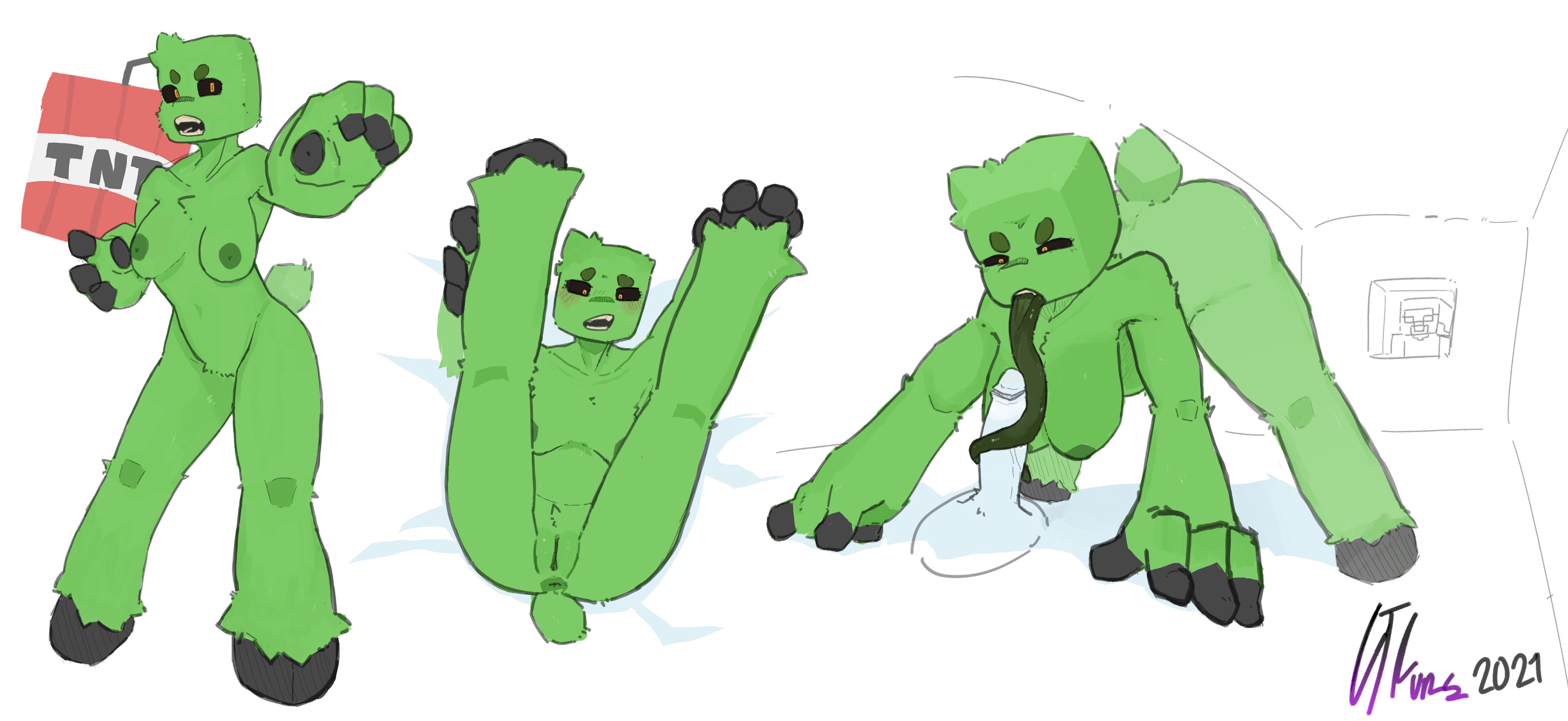 anthro, anus, cjfurs, creeper, dark nipples, female, hoof (cjfurs), legs spread, long tongue, male, minecraft, penis, presenting, straight, tongue around penis, tonguejob
