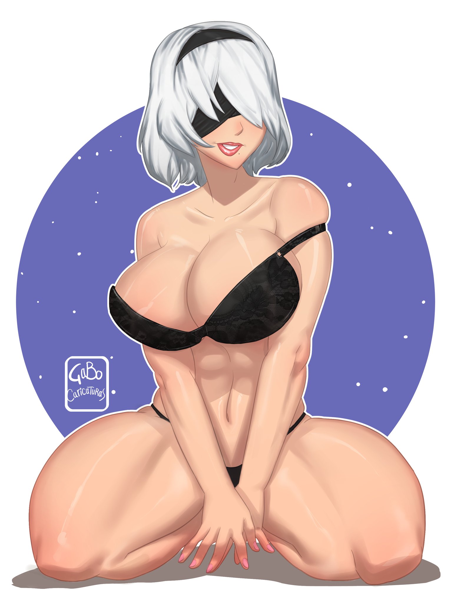 1girls, android, artist name, beauty mark, bra, breasts, cleavage, female, female only, gabocaricaturas, humanoid, knees, large breasts, legs, lips, lower body, mole, mole under mouth, nier, nier: automata, panties, short hair, solo, thighs, toned, toned female, upper body, voluptuous, watermark, white hair, yorha 2b