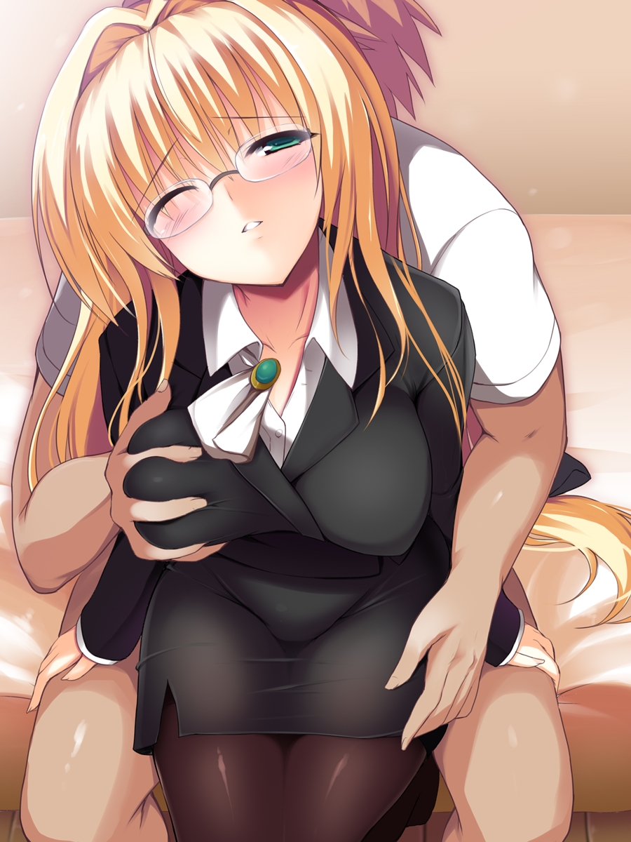 1boy 1boy1girl 1girls blonde_hair blush breast_grab clothed clothed_female female glasses green_eyes groping groping_breasts groping_from_behind groping_through_clothes hanging_breasts male one_eye_closed pantyhose shikano_sumiaki sitting_on_lap sitting_on_person teacher teacher_and_student tearju_lunatique tights to_love-ru to_love-ru_darkness yuuki_rito