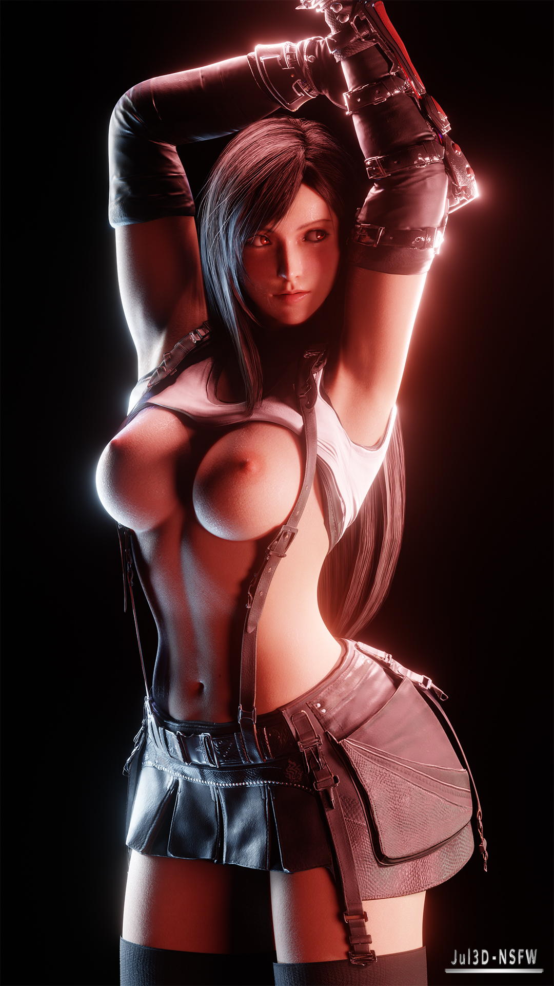 1girls, 3d, arms above head, ass, blender, breasts, breasts out, female, final fantasy, final fantasy vii, final fantasy vii remake, jul3dnsfw, long hair, naked, nude, posing, pussy, shirt up, skirt, solo, solo female, thighhighs, tifa lockhart, zettai ryouiki
