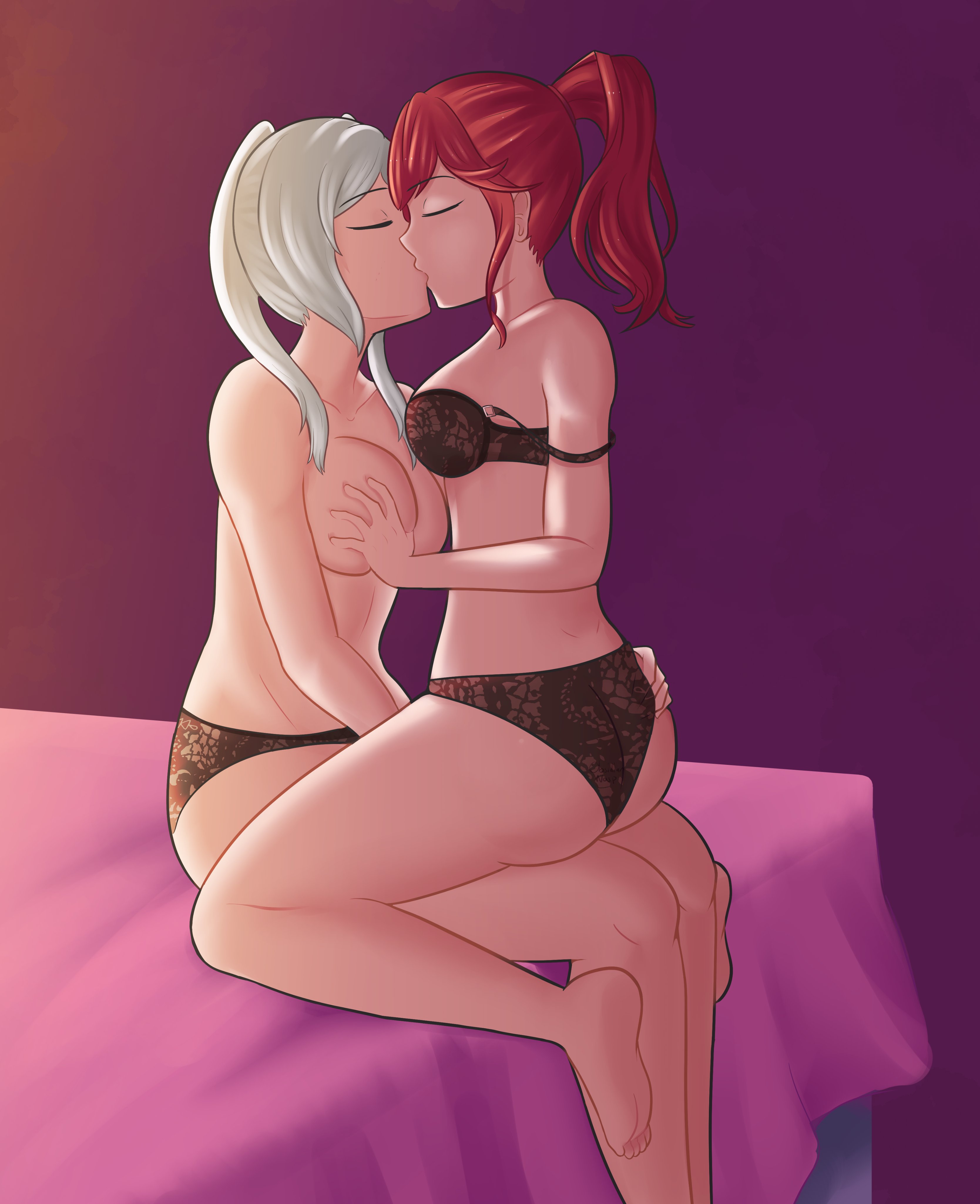2girls, anna (fire emblem awakening), anna (fire emblem), big breasts, breast grab, breasts, brown panties, female, female only, fire emblem, fire emblem awakening, kissing, lingerie, medium breasts, nintendo, obsidianwasp, on bed, on lap, panties, ponytail, red hair, robin (fire emblem), robin (fire emblem) (female), sitting on lap, sitting on person, topless, twintails, white hair, yuri