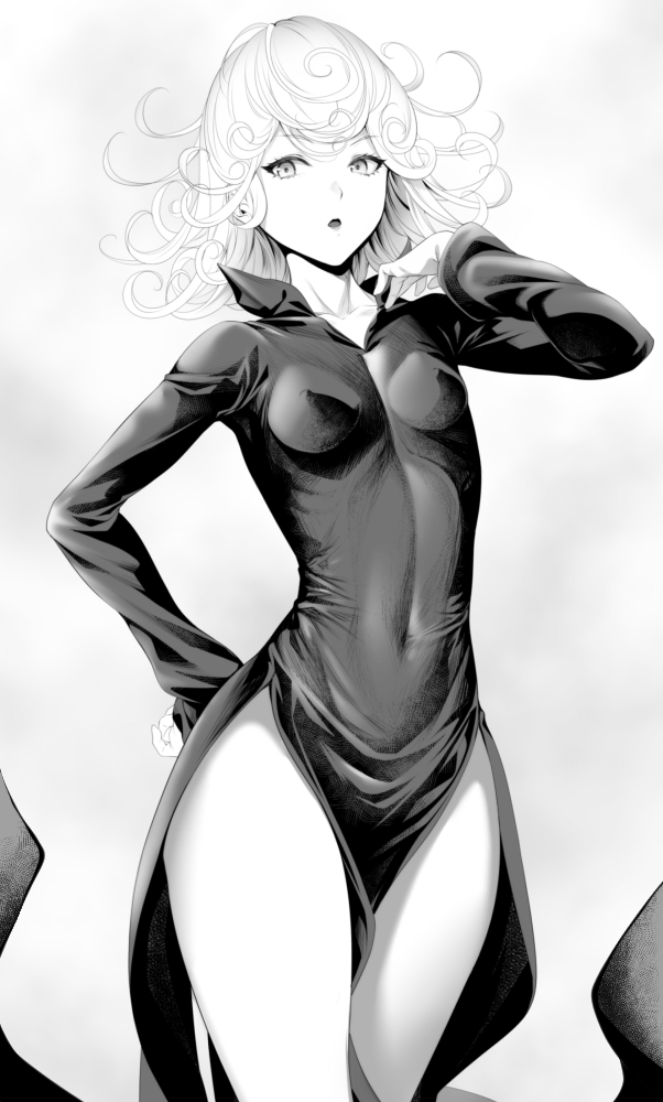 1girls breasts covered_navel curly_hair dress female flipped_hair greyscale long_sleeves looking_at_viewer monochrome narrow_shoulders one-punch_man open_mouth short_hair side_slit small_breasts tatsumaki thick_thighs thighs thin_arms thin_waist wide_hips zucchini