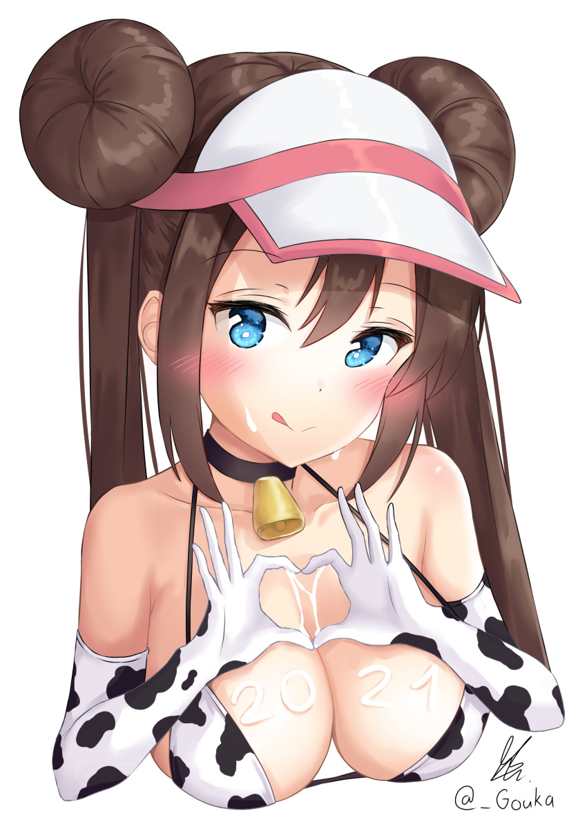 1girls, bell collar, cow print, cowbell, female, game freak, gouka, heart hands, nintendo, pokemon, pokemon bw2, rosa (pokemon), twintails