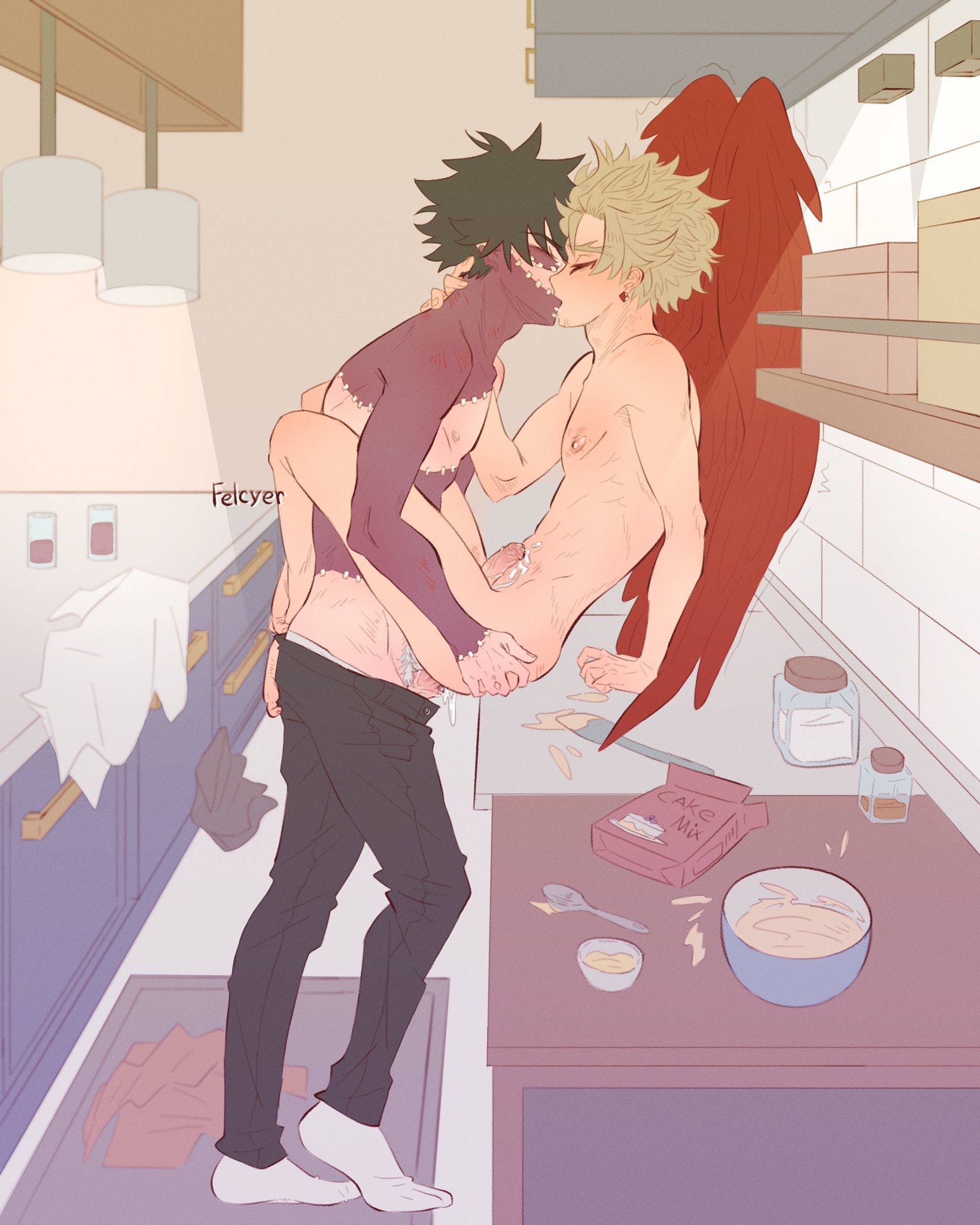 against counter, anal, anal sex, ass, bare arms, bare chest, bare legs, bare midriff, bare shoulders, bare thighs, black hair, blonde hair, boku no hero academia, burn scar, closed eyes, clothes on floor, cum, cum drip, cum dripping, cum on body, dabi, ejaculation, ejaculation while penetrated, feathered wings, feathers, felcyer, gay, gay sex, hawks (my hero academia), keigo takami, kissing, kitchen, legs around partner, male, male penetrated, male penetrating, male/male, multiple boys, multiple males, multiple penises, my hero academia, nude, nude male, pants pulled down, penile, penis, penis in ass, pubes, pubic hair, scar, scars, sex, shirtless, takami keigo, todoroki touya, touya todoroki, white pubic hair, wings, yaoi