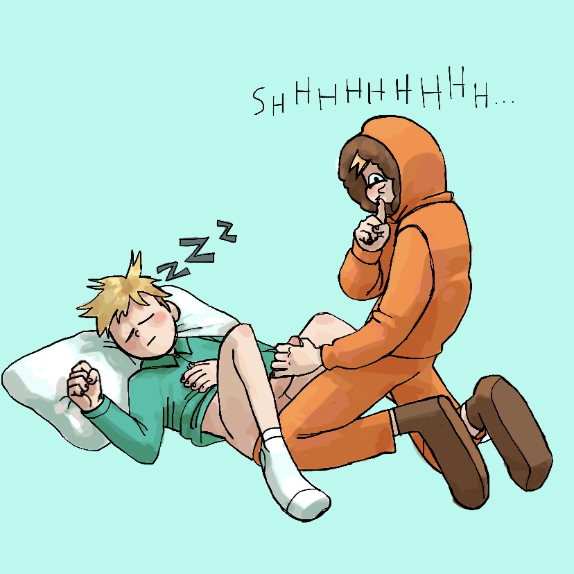 2boys aged_up asleep blonde_hair blue_background bottomless closed_eyes clothed clothing erect_while_sleeping erection finger_to_mouth gay handjob holding_penis hood hushing imminent_sex kenny_mccormick kneeling large_penis legs_apart leopold_butters_stotch male male_only nonconsensual parka penis shushing sleeping sleepover socks somnophilia south_park teen_boy unconscious