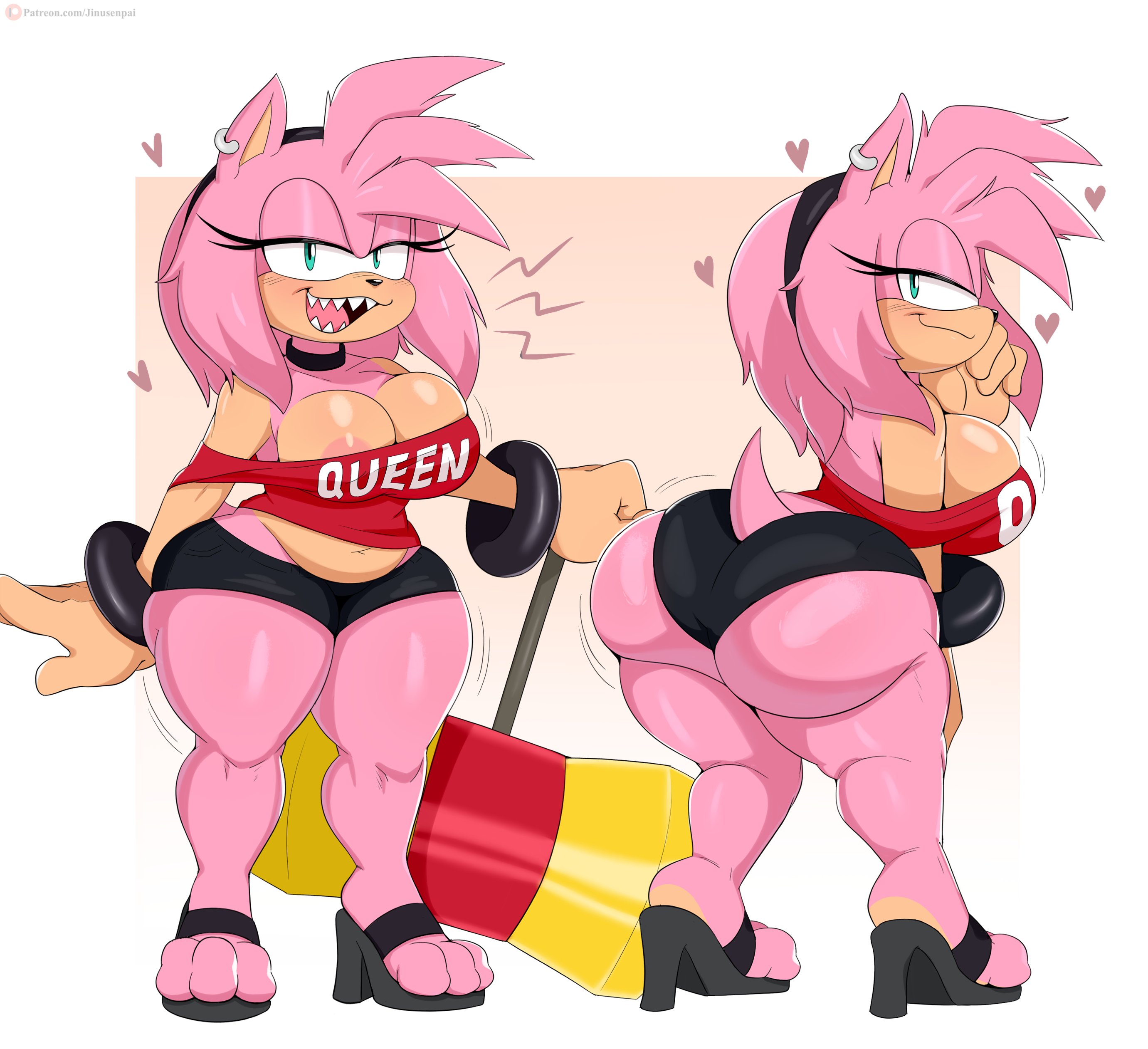 1girls, 2021, alternate costume, amy rose, anthro, ass, ass crack, ass focus, ass shake, belly, big ass, big breasts, big butt, booty shorts, breasts, bubble ass, bubble butt, butt crack, butt focus, collar, ear piercing, earrings, eyelashes, fat ass, female, fully clothed, furry, hairband, heart, hedgehog, heels, hi res, highres, hips, huge ass, jinu, looking at viewer, looking back, mouth hold, narrowed eyes, nipples, no bra, pink fur, punk, round ass, sega, sharp teeth, shirt, short shorts, shortstack, simple background, small tail, solo, sonic (series), sonic the hedgehog (series), thick, thick ass, thick thighs, thighs, white background, wide hips