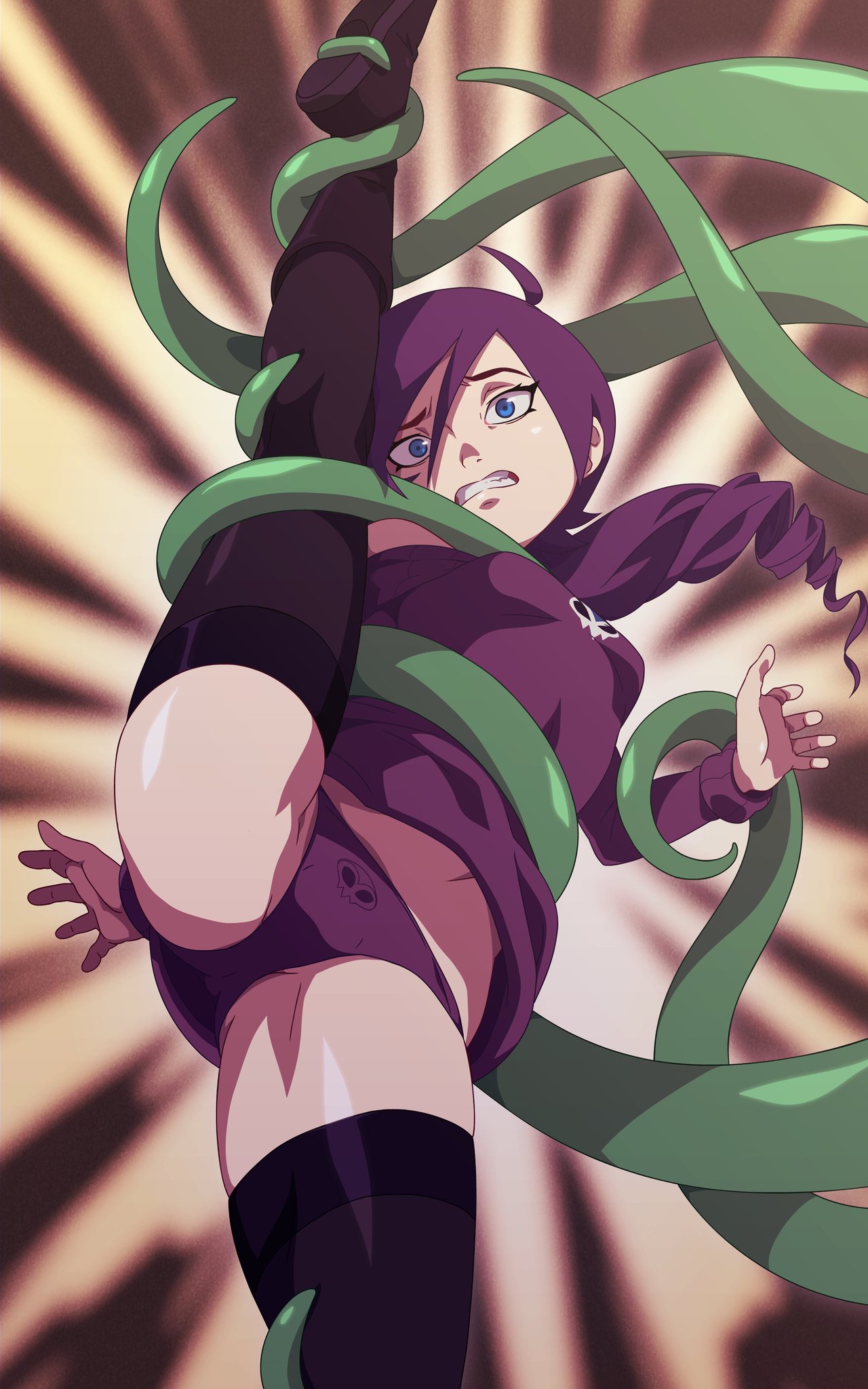 1girls black_legwear black_thighhighs blue_eyes clenched_teeth clothing female green_tentacles leg_up long_hair original panties print_panties purple_hair purple_panties restrained splits spread_legs surprised tentacle thighhighs vertical_splits zone zone-tan