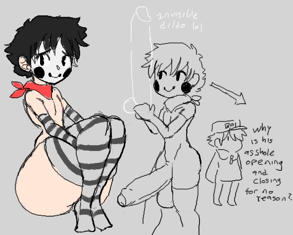 2boys, ass, big ass, femboy, funny, huge cock, lewdicrousart, male, male only, mime, mob face, original character, penis, sketch, tagme, thick thighs