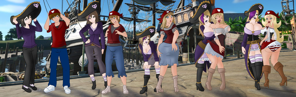 1boy 2girls ass ass_expansion ass_grab breast_expansion breasts buck3 female gender_transformation gesture hair_color_change hair_growth high_heels large_ass large_breasts lip_expansion mtf_transformation original original_character pirate pirate_hat sequence skin_color_change thick_lips thick_thighs transformation wide_hips