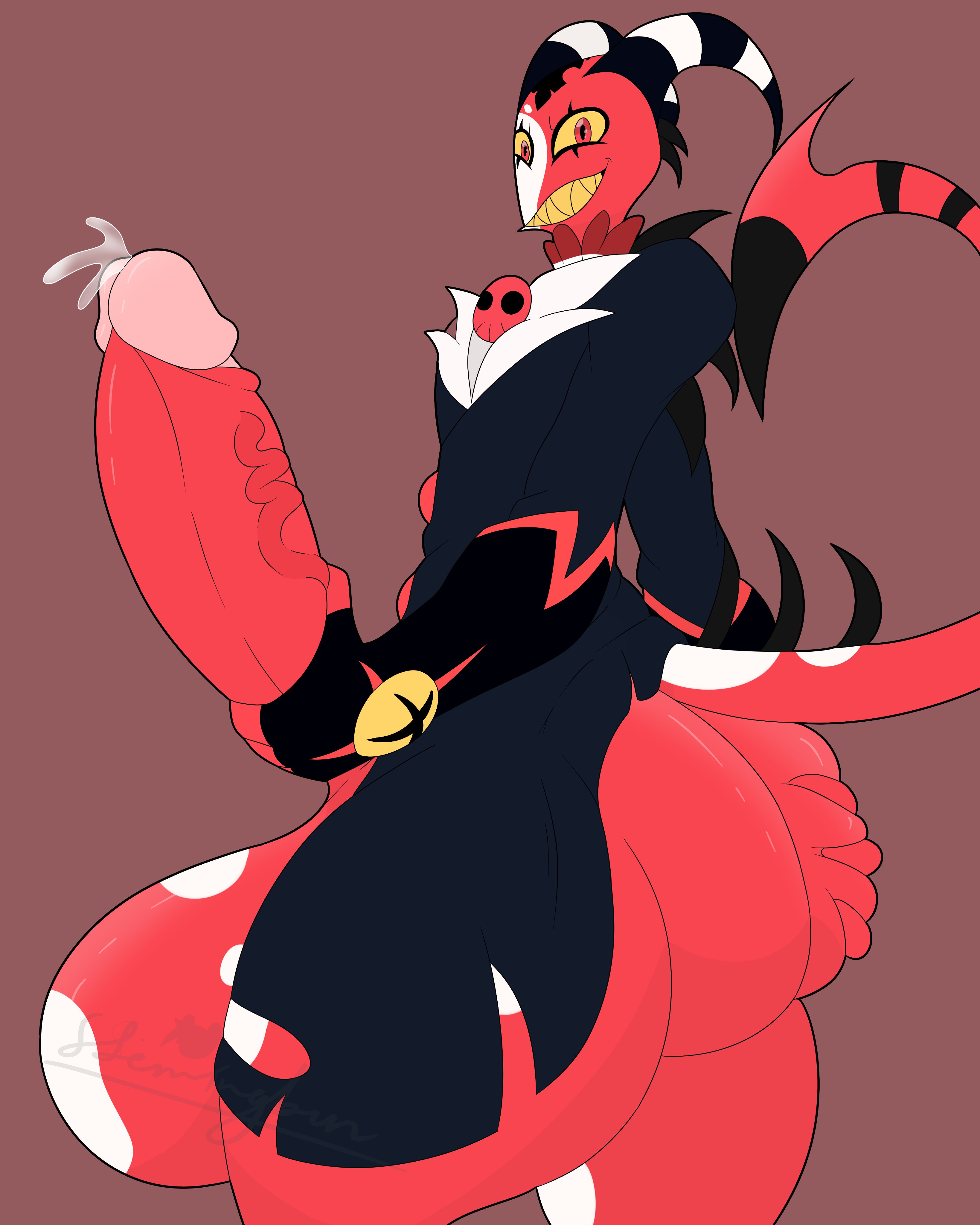 1boy, 2021, absurd res, ass, ass grab, balls, big balls, big penis, big testicles, black horns, blitzo (helluva boss), bottom heavy, bottomless, bottomless male, curled horns, demon, demon tail, genital fluids, genitals, grabbing ass, grabbing own ass, hand on ass, hand on penis, helluva boss, hi res, horns, huge balls, huge cock, huge testicles, hyper, hyper ass, hyper balls, hyper genitalia, hyper penis, hyper testicles, looking at viewer, male, male only, multicolored horn, multicolored horns, penis, precum, red body, red eyes, red skin, sharp teeth, signature, smiling at viewer, solo, stemingbunbun, tail, testicles, thick ass, thick penis, thick thighs, topwear, veiny penis, vivienne medrano, white horns, white markings, yellow sclera