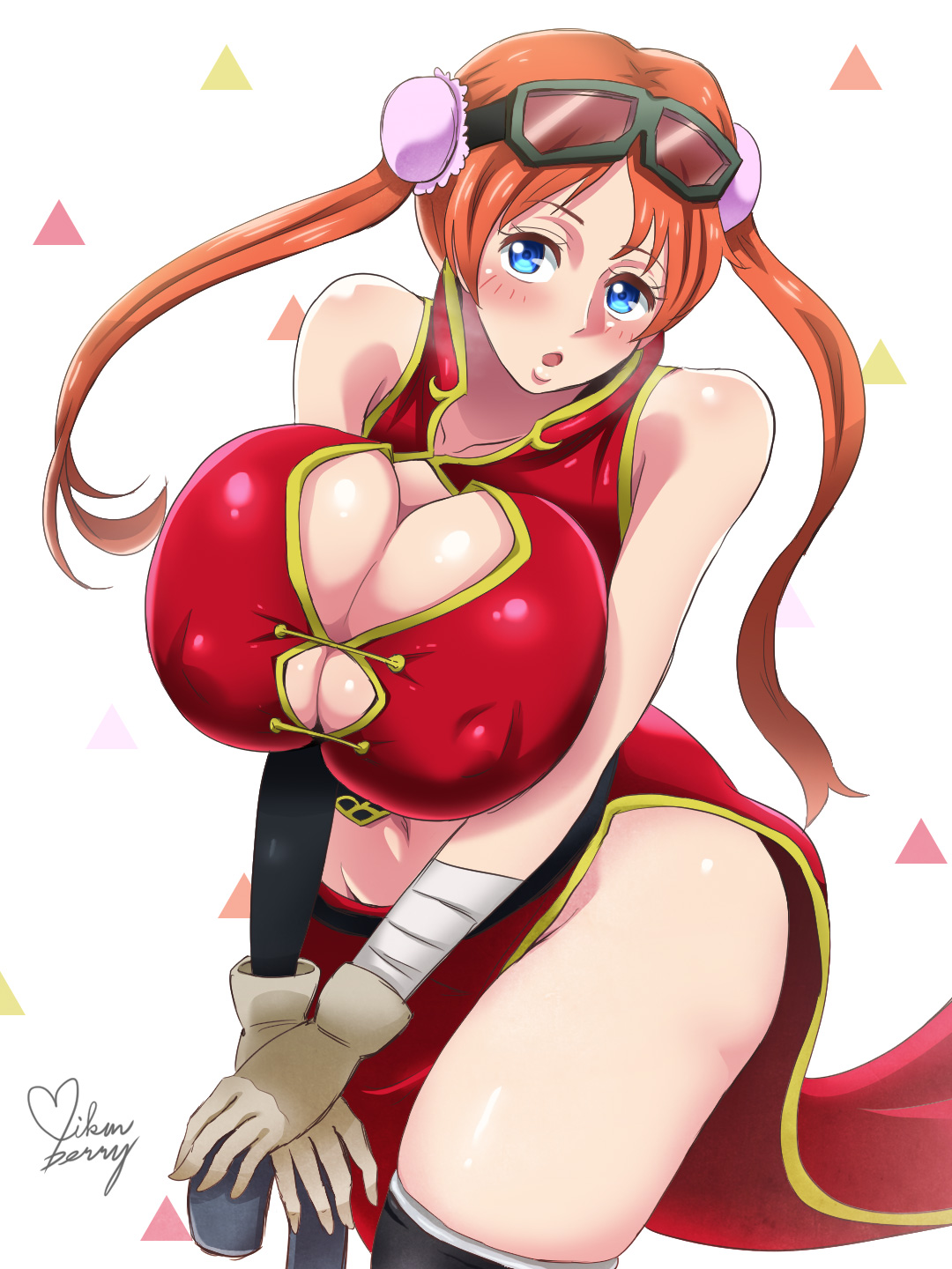 1girls, aged up, big breasts, blue eyes, breasts, bun cover, chinese clothes, cleavage, female, female only, gintama, going commando, huge breasts, kagura (gintama), mikanberry, no bra, no panties, official alternate costume, official alternate hairstyle, orange hair, solo, solo female, twintails, voluptuous