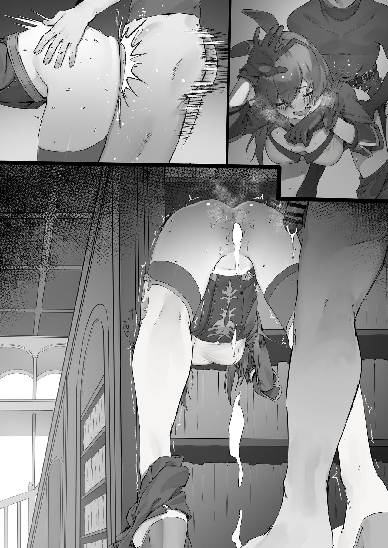 1boy, 1girls, after sex, amber (genshin impact), bar censor, blush, boots, censored, cum, cum in pussy, cum inside, duo, female, from behind, genshin impact, gloves, greyscale, kotoribako, male, monochrome, nigiri usagi, penis, pussy, sex