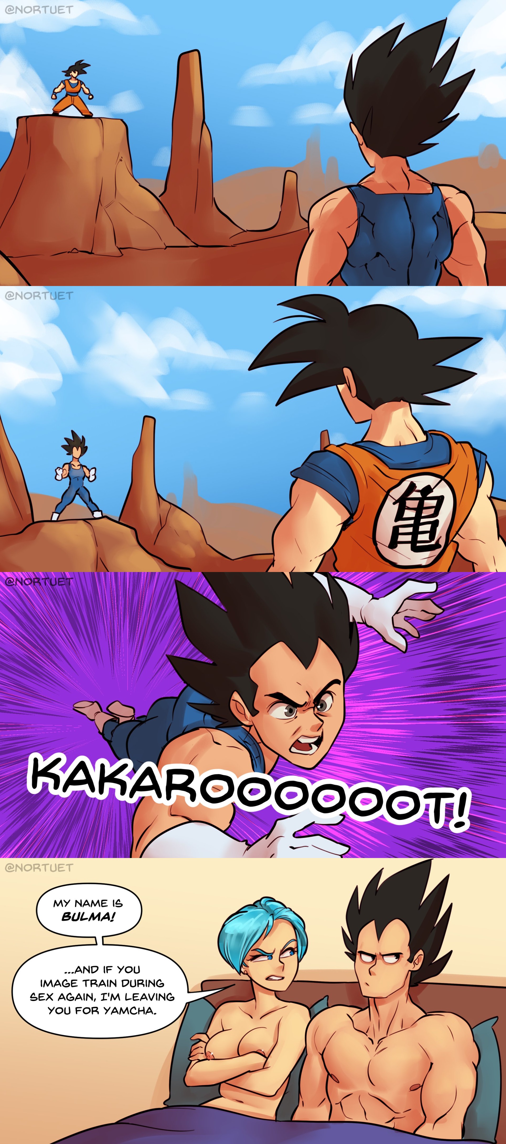 1girls, 2boys, 4koma, angry, bait and switch, big breasts, black eyes, black hair, blue eyes, blue hair, breasts, bulma briefs, cleavage, clothed, comic, dragon ball, english text, female, funny, humor, male, muscular, muscular male, nipples, nortuet, nude, short hair, shounen jump, son goku, straight, text, vegeta