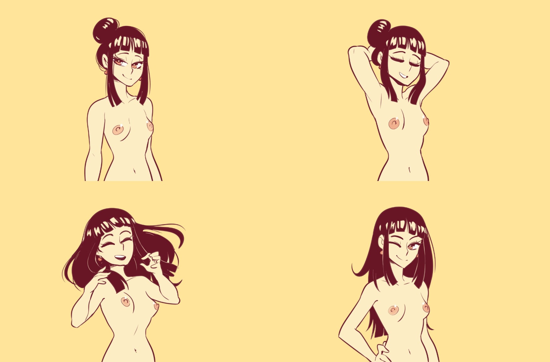 1girls, 4koma, black eyes, black hair, breasts, chichi, comic, cute, dragon ball, female, female focus, female only, hair bun, hair down, light skin, light-skinned female, long ears, long hair, looking at viewer, navel, nipples, nortuet, nude, nude female, sidelocks, simple background, small breasts, smile, solo, solo female, topless, upper body, wink
