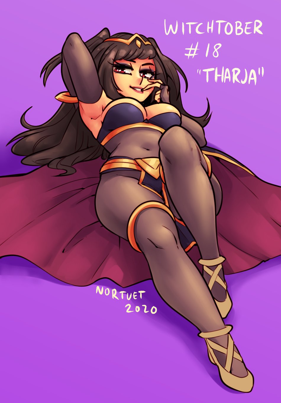 1girls, armpits, big breasts, black hair, breasts, cleavage, clothed, female, female focus, female only, fire emblem, fire emblem awakening, halloween, long hair, nintendo, nortuet, pink eyes, posing, pubic hair, red eyes, revealing clothes, simple background, solo, tharja (fire emblem), wide hips