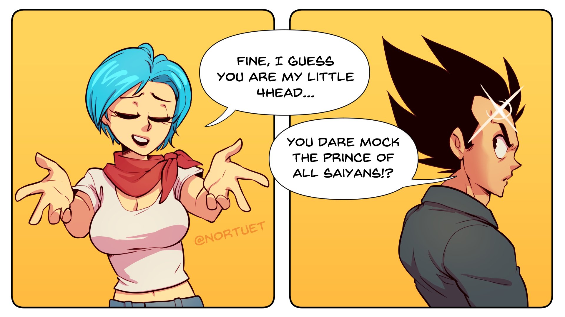 1boy, 1girls, 2koma, big breasts, black eyes, black hair, blue eyes, blue hair, breasts, bulma briefs, cleavage, closed eyes, clothed, comic, dragon ball, female, funny, highres, humor, looking back, male, meme, my little pogchamp (meme), nortuet, revealing clothes, short hair, shounen jump, simple background, vegeta