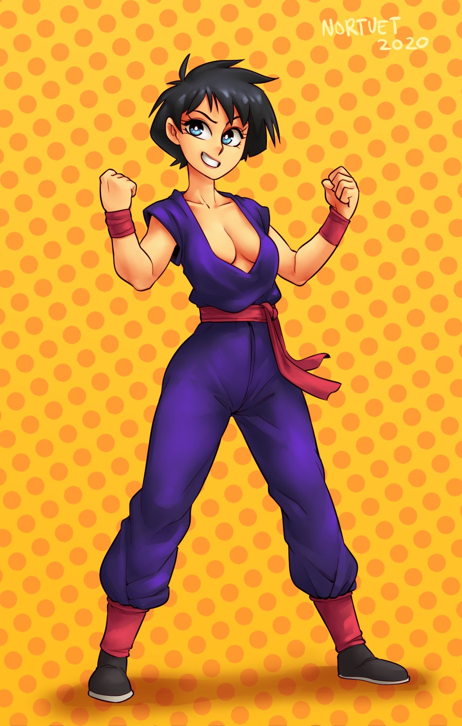 1girls, blue eyes, breasts, cleavage, clothed, dragon ball, female, female focus, female only, halloween, medium breasts, nortuet, revealing clothes, short hair, simple background, smile, solo, very short hair, videl