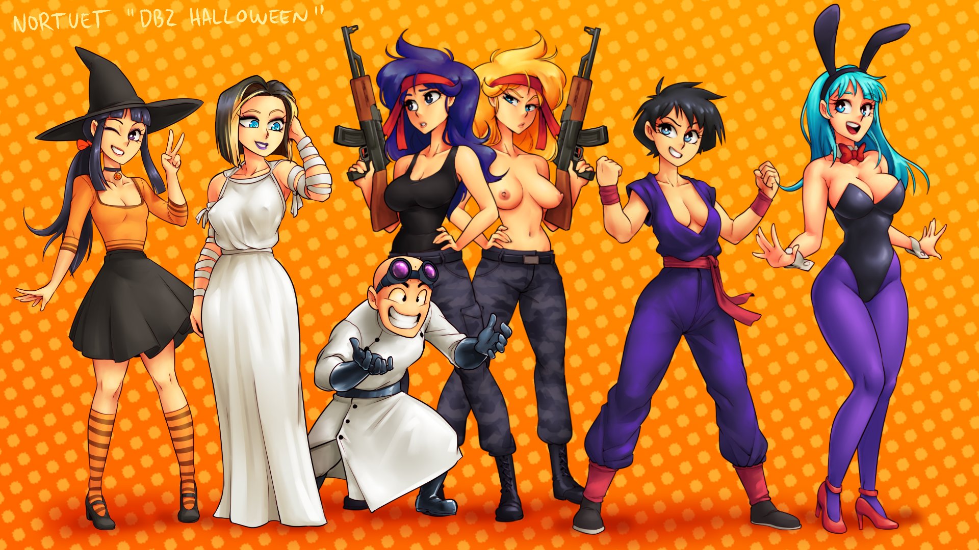 1boy, 6+girls, 6girls, android 18, artist name, bad launch, bald, big breasts, black eyes, black hair, blonde hair, blue eyes, blue hair, boots, breasts, bulma (bunny), bulma briefs, bunny costume, bunny girl, bunnysuit, casual, casual nudity, chichi, cleavage, clothed, clothing, curvy, dragon ball, female, firearm, fully clothed, good launch, group, gun, halloween, halloween costume, human, john rambo (cosplay), krillin, kuririn, launch, long hair, looking at viewer, lunch (dragon ball), male, medium breasts, nipples, no bra, nonsexual, nonsexual nudity, nortuet, pale skin, purple eyes, purple hair, revealing clothes, rifle, short hair, small breasts, smile, son gohan (cosplay), topless, topless female, videl, weapon, wide hips, wink, witch, witch hat