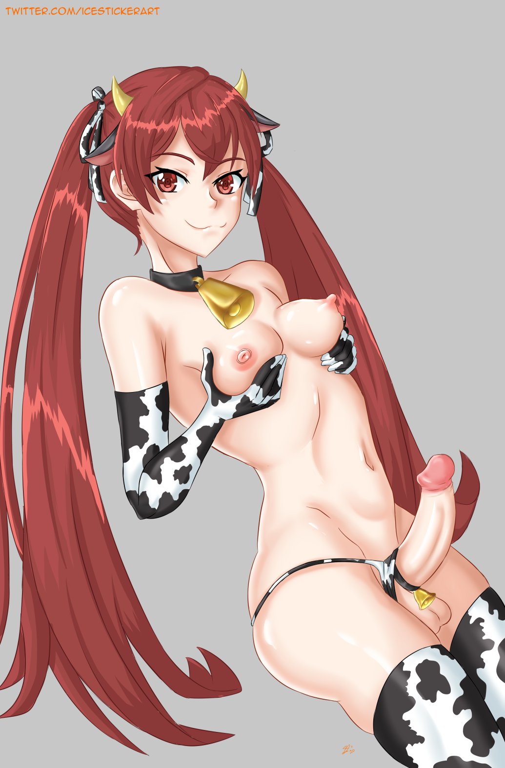 :3, 1futa, animal ears, areolae, balls, bare thighs, bell, bell collar, breasts, cock ring, cow girl, cow print, elbow gloves, female, fire emblem, fire emblem awakening, futa only, futanari, gloves, holding own breast, human, icesticker, intersex, long hair, looking at viewer, medium breasts, nintendo, nipples, pale skin, penis, red eyes, red hair, revision, severa (fire emblem), sitting, skindentation, smile, solo, thighhighs, twintails, year of the ox