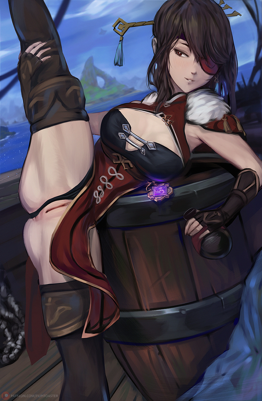 beidou (genshin impact), blush, boots, female, fupitoaster, genshin impact, knee boots, legs up, solo, splits, spread legs, spreading, standing, standing on one leg, stretching, thighhighs, thighs, vertical splits
