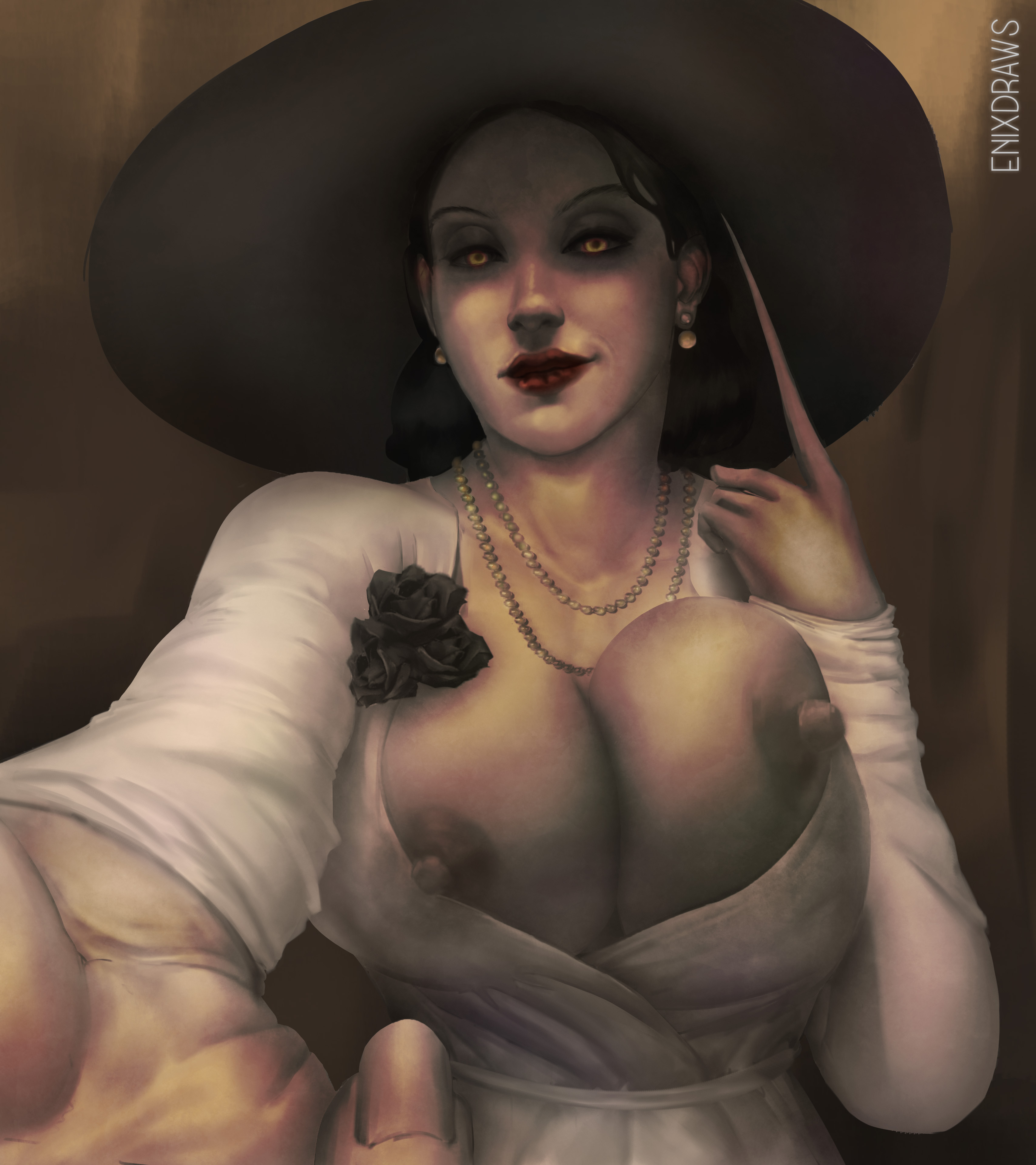 alcina dimitrescu, black hair, breasts, busty, capcom, cleavage, enixdraws, erect nipples, female, female only, hat, huge breasts, large breasts, light skin, light-skinned female, lips, lipstick, looking at viewer, nipples, pale skin, pale-skinned female, red lipstick, resident evil, resident evil 8: village, solo