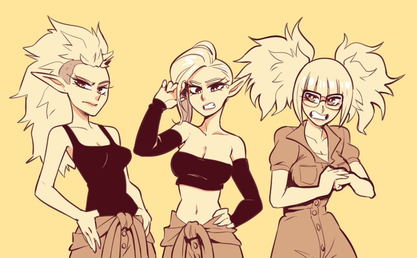 3girls, big breasts, breasts, cleavage, clothed, dragon ball, dragon ball super, elf, female, female focus, female only, glasses, iwaza (dragon ball super), kikaza (dragon ball super), long hair, looking at viewer, miza (dragon ball super), multiple females, multiple girls, nortuet, revealing clothes, short hair, simple background