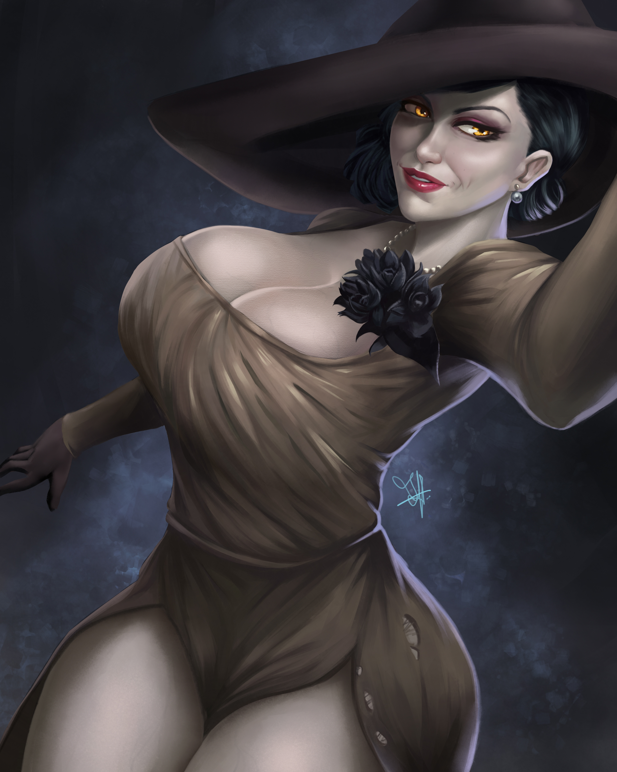 alcina dimitrescu, black hair, breasts, capcom, dress, female, female only, gloves, hat, hourglass figure, huge breasts, large breasts, light skin, light-skinned female, lips, lipstick, pale skin, pale-skinned female, resident evil, resident evil 8: village, solo female, thanartos, yellow eyes